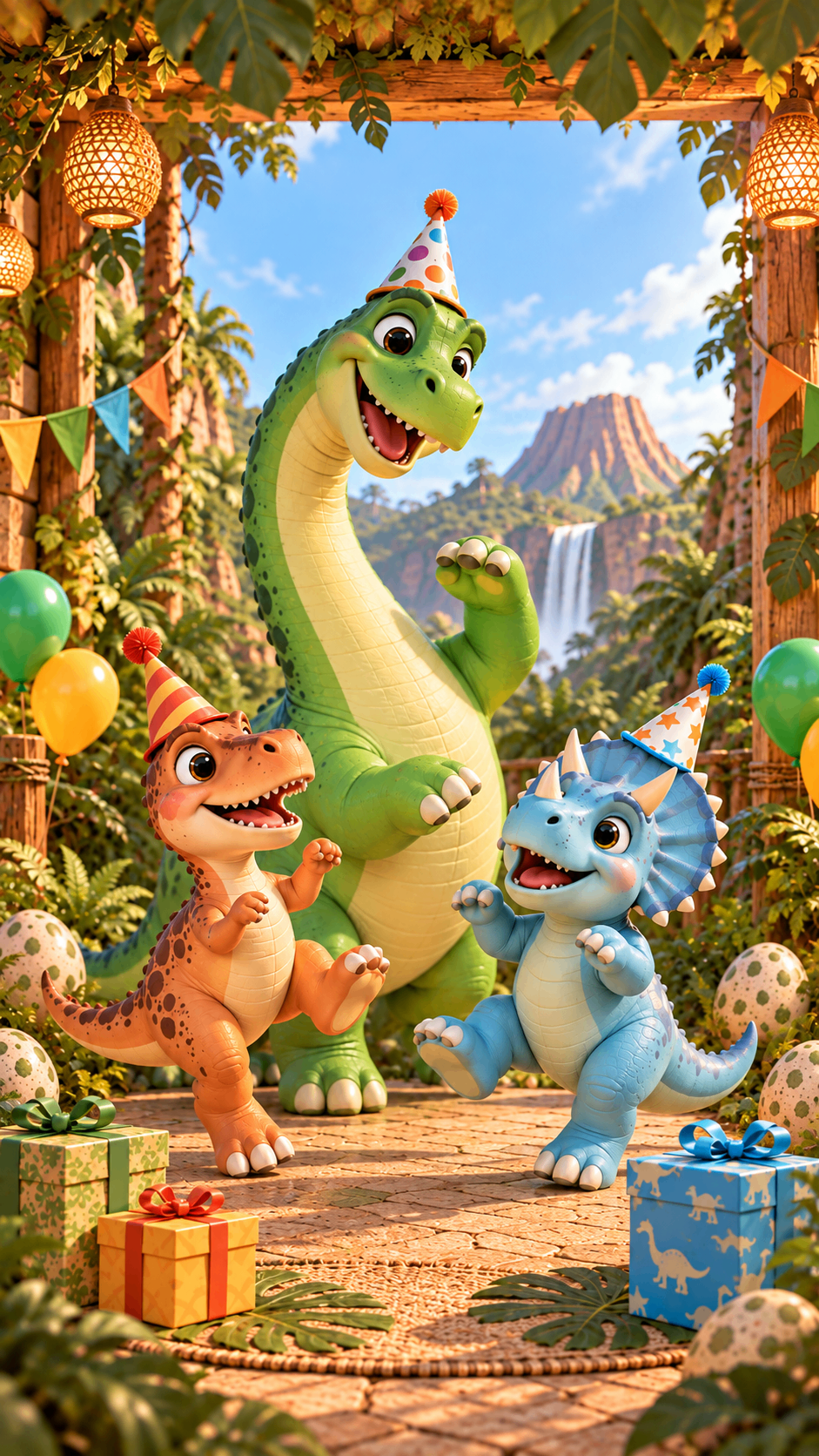 Dinosaurs in party hats with gifts in a jungle – dino birthday party invite