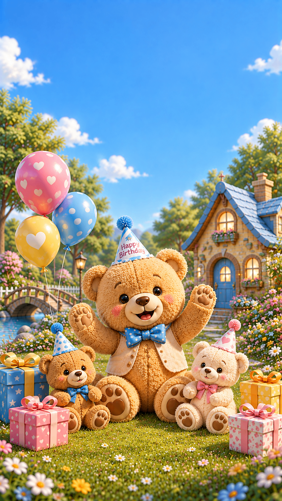 Teddy bears in party hats with balloons and gifts in a garden – teddy bear birthday invite