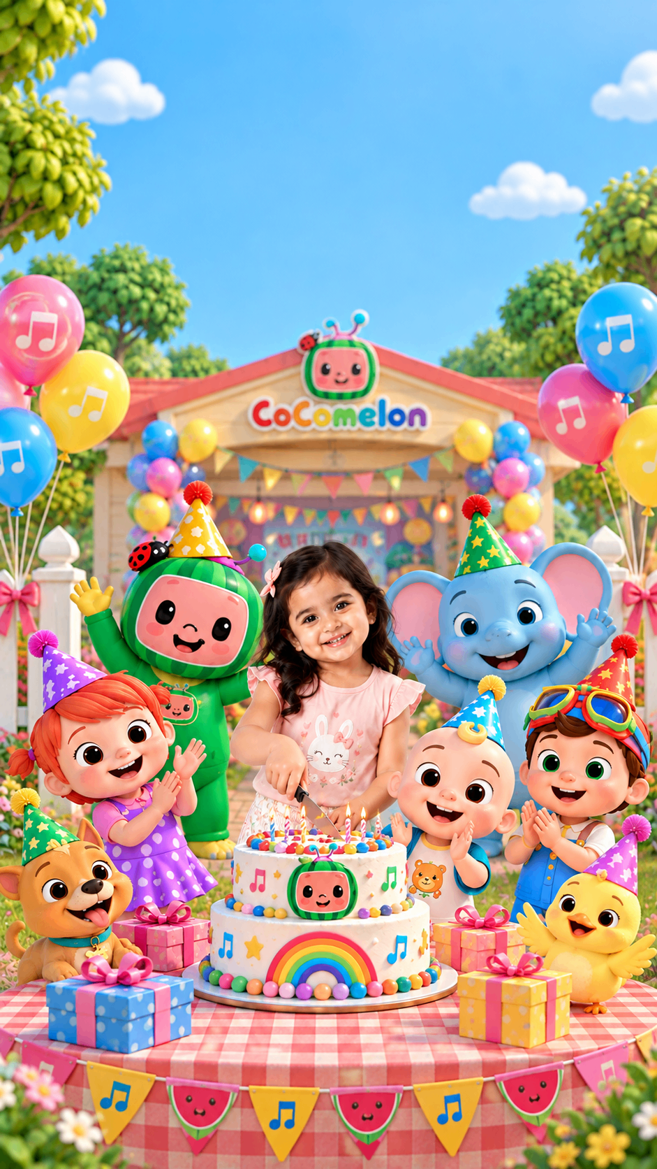 Girl behind a rainbow birthday cake with nursery rhyme friends – 1st birthday invitation video