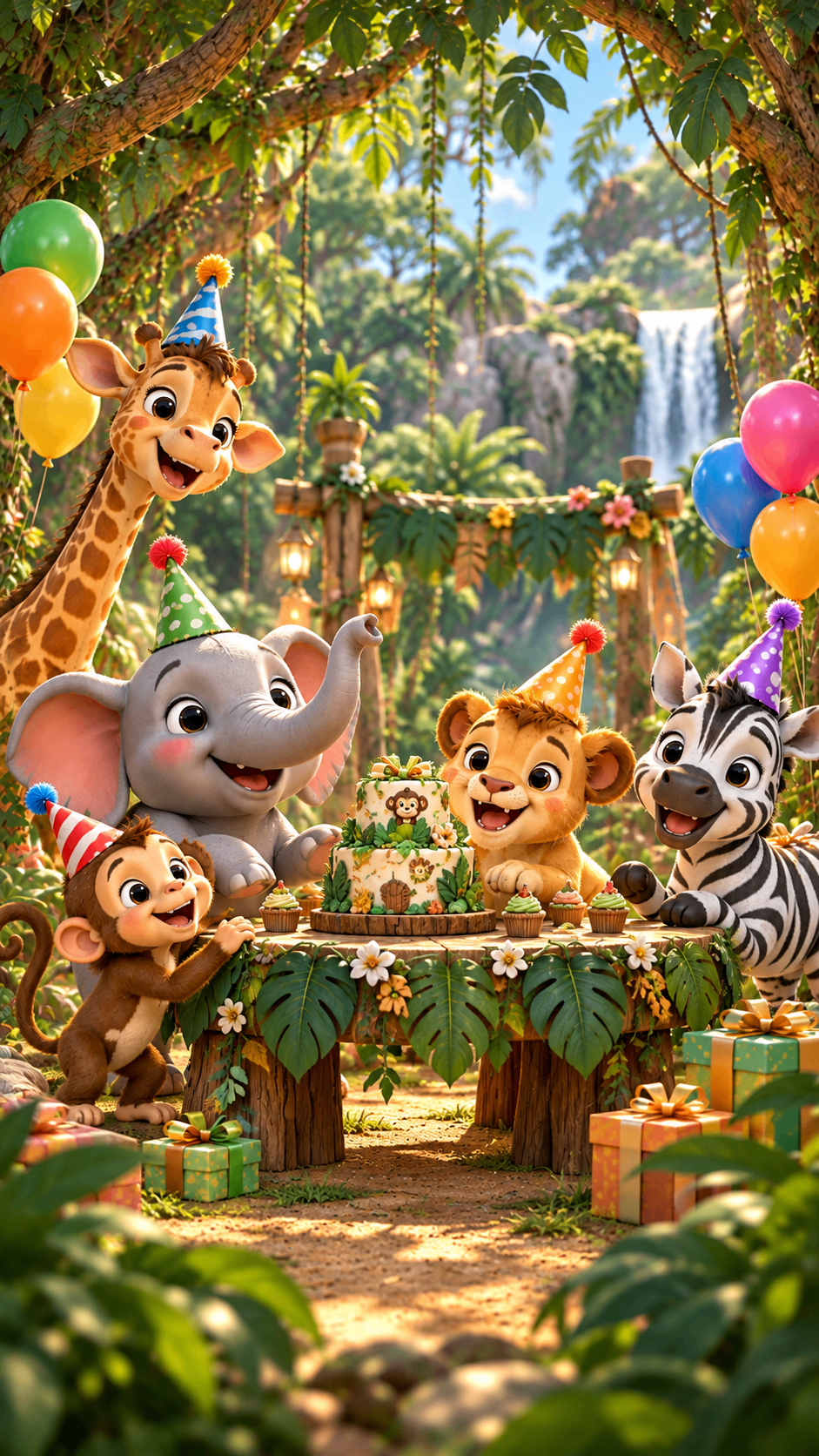 Jungle animals in party hats around a party table by a waterfall – safari birthday invite