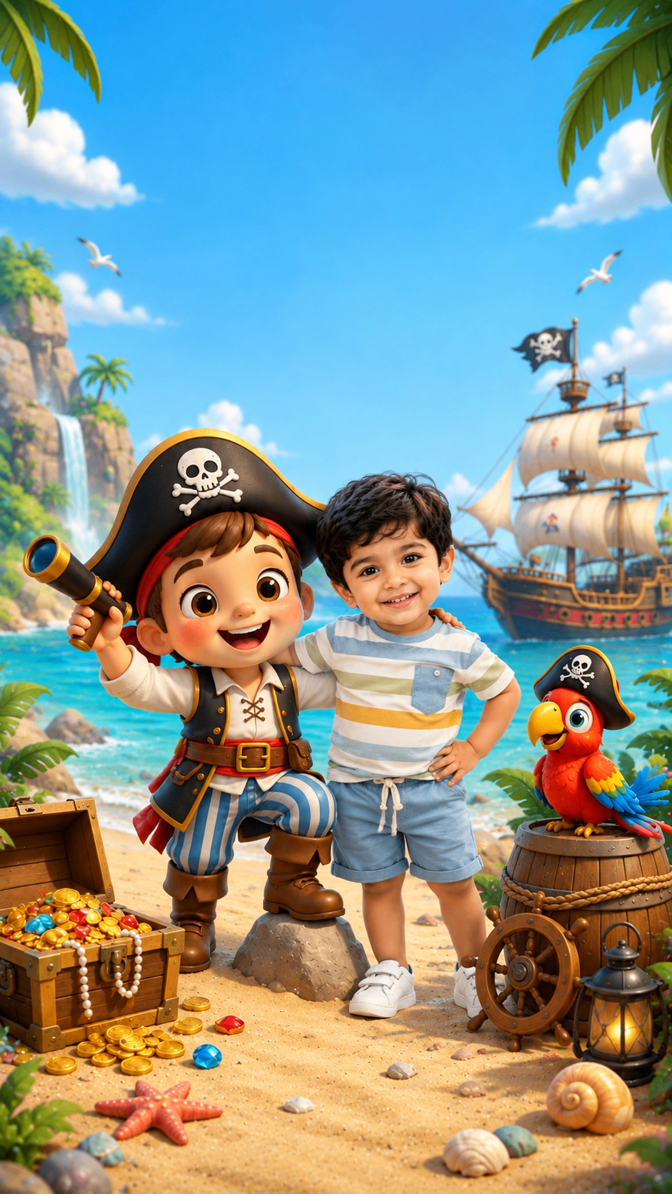 Two boy pirates on a beach with their ship – pirate birthday invite