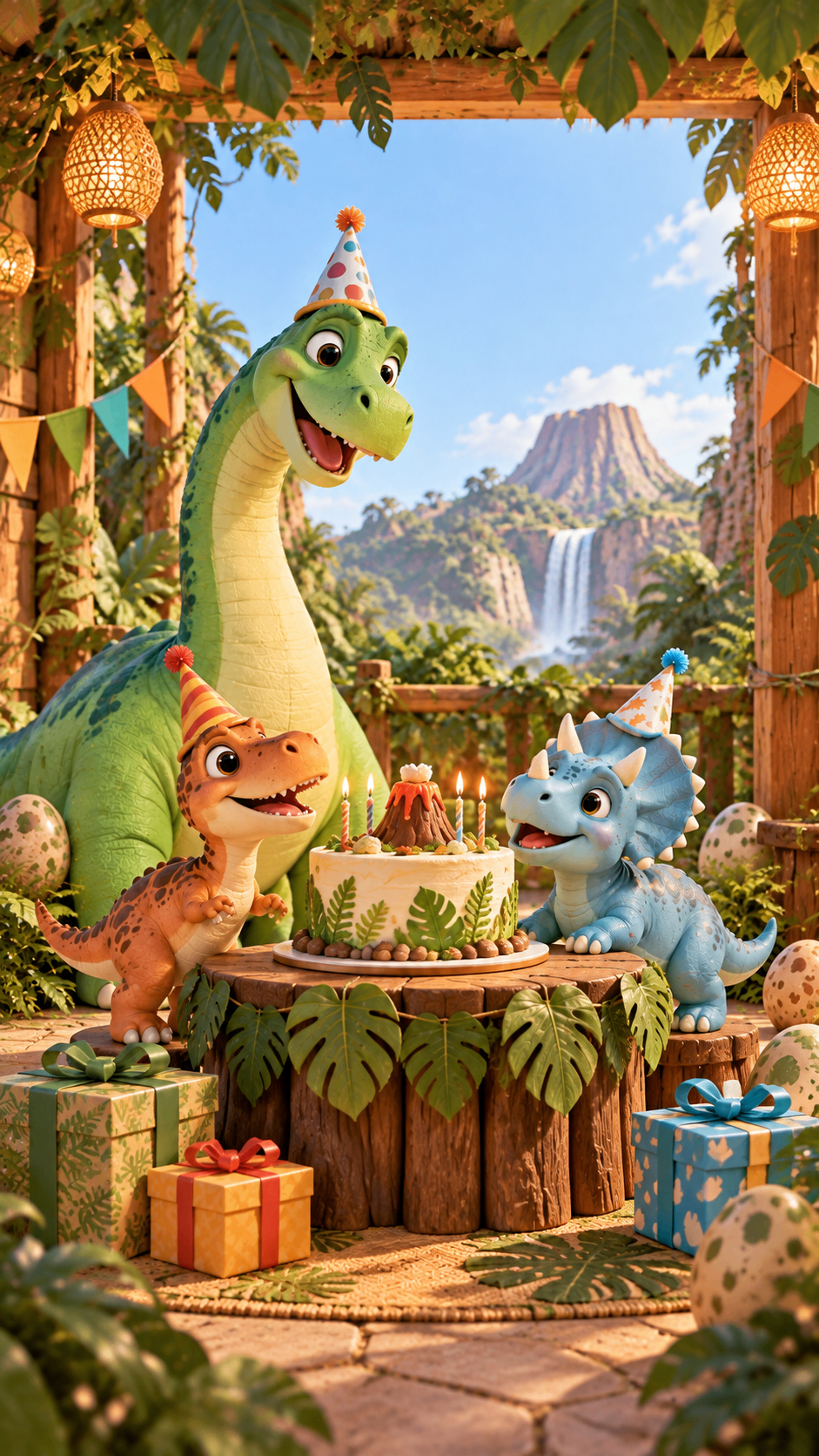 Dinosaurs around a birthday cake table in a prehistoric jungle
