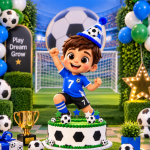 Boy in a blue football kit behind a football birthday cake in a stadium – football theme birthday invitation video
