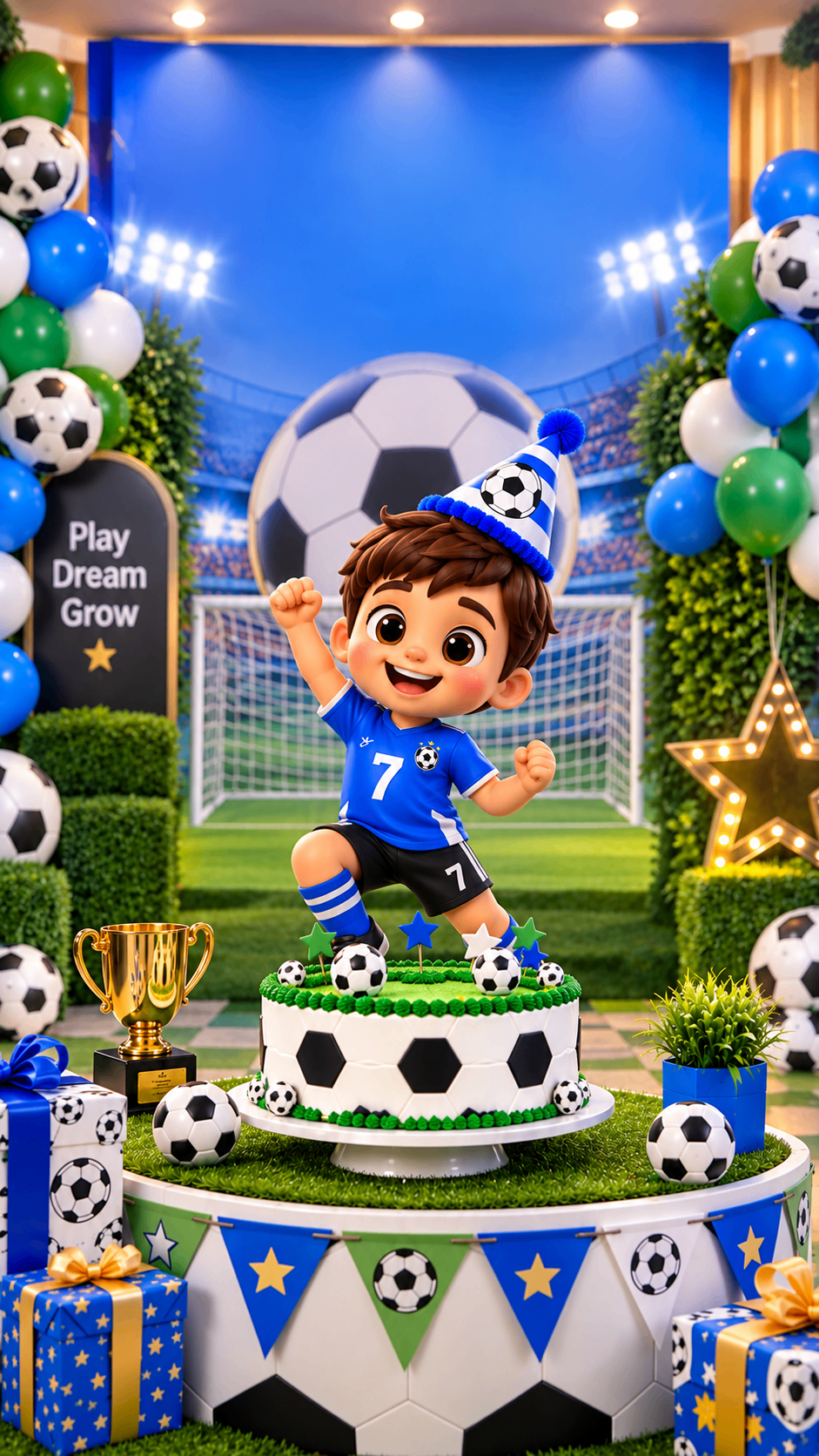 Boy in a blue football kit behind a football birthday cake in a stadium – football theme birthday invitation video