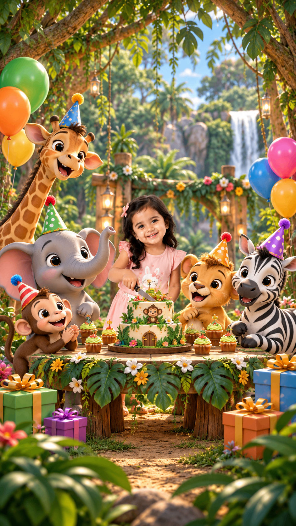 Girl behind a birthday cake with a giraffe, elephant, lion cub and zebra – jungle birthday party