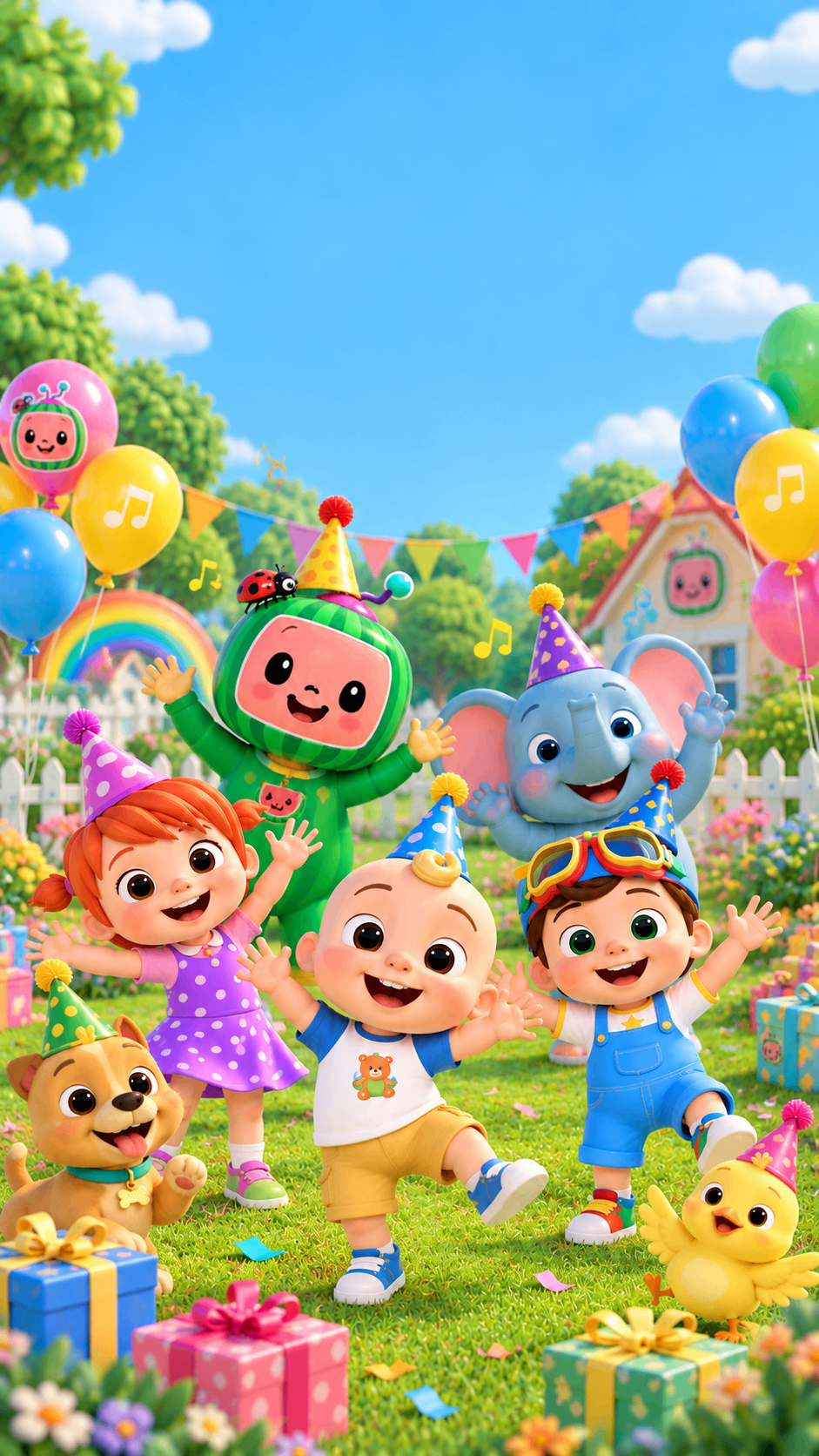 Nursery rhyme characters dancing with balloons in a garden – toddler birthday invitation