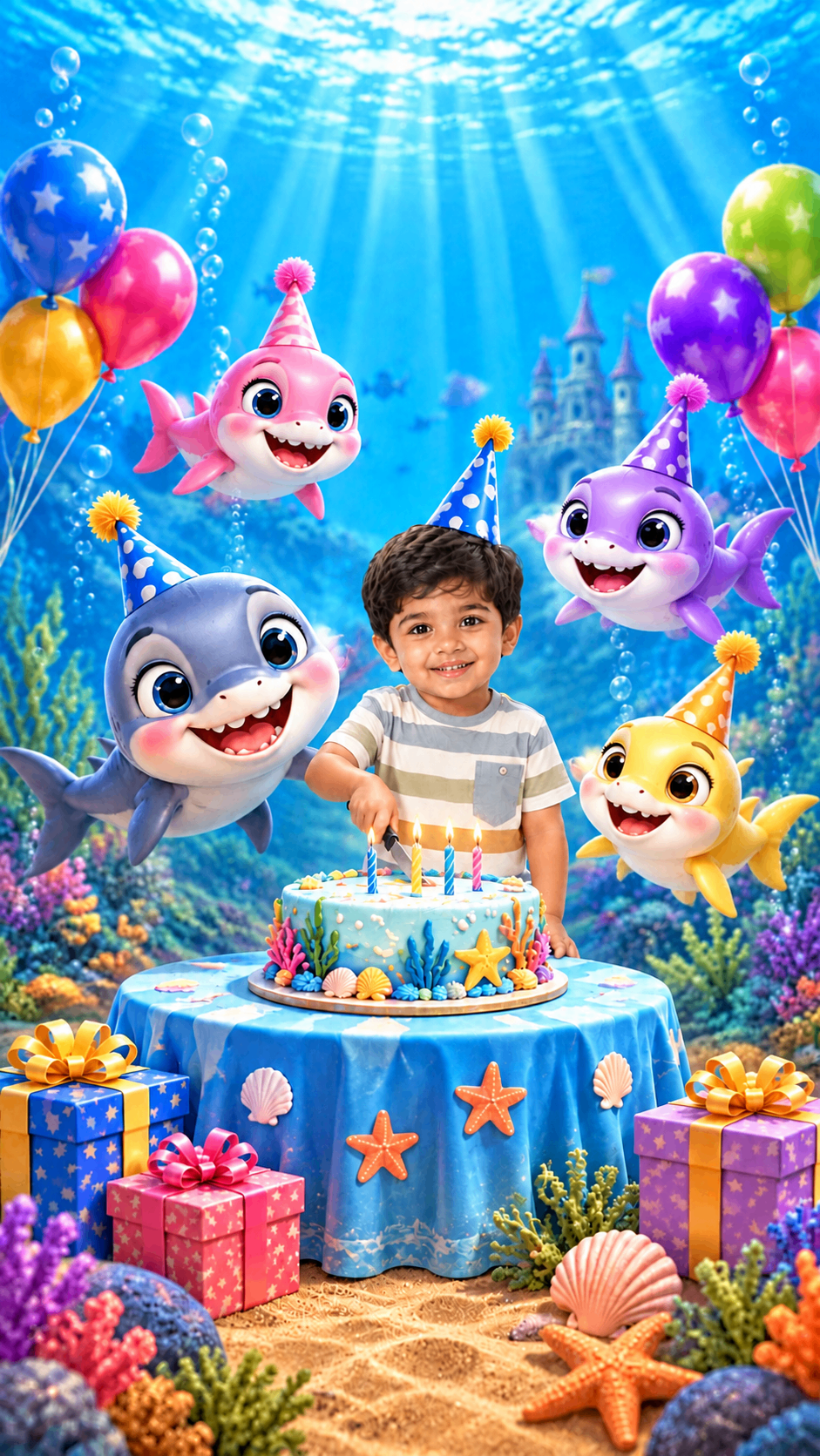 Child behind a birthday cake with a cartoon shark family – toddler birthday invitation
