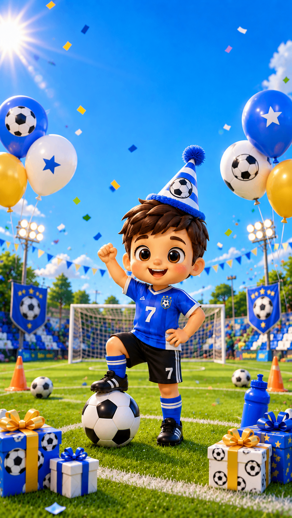 Boy in a party hat kicking a ball on the pitch under confetti – sports birthday invitation