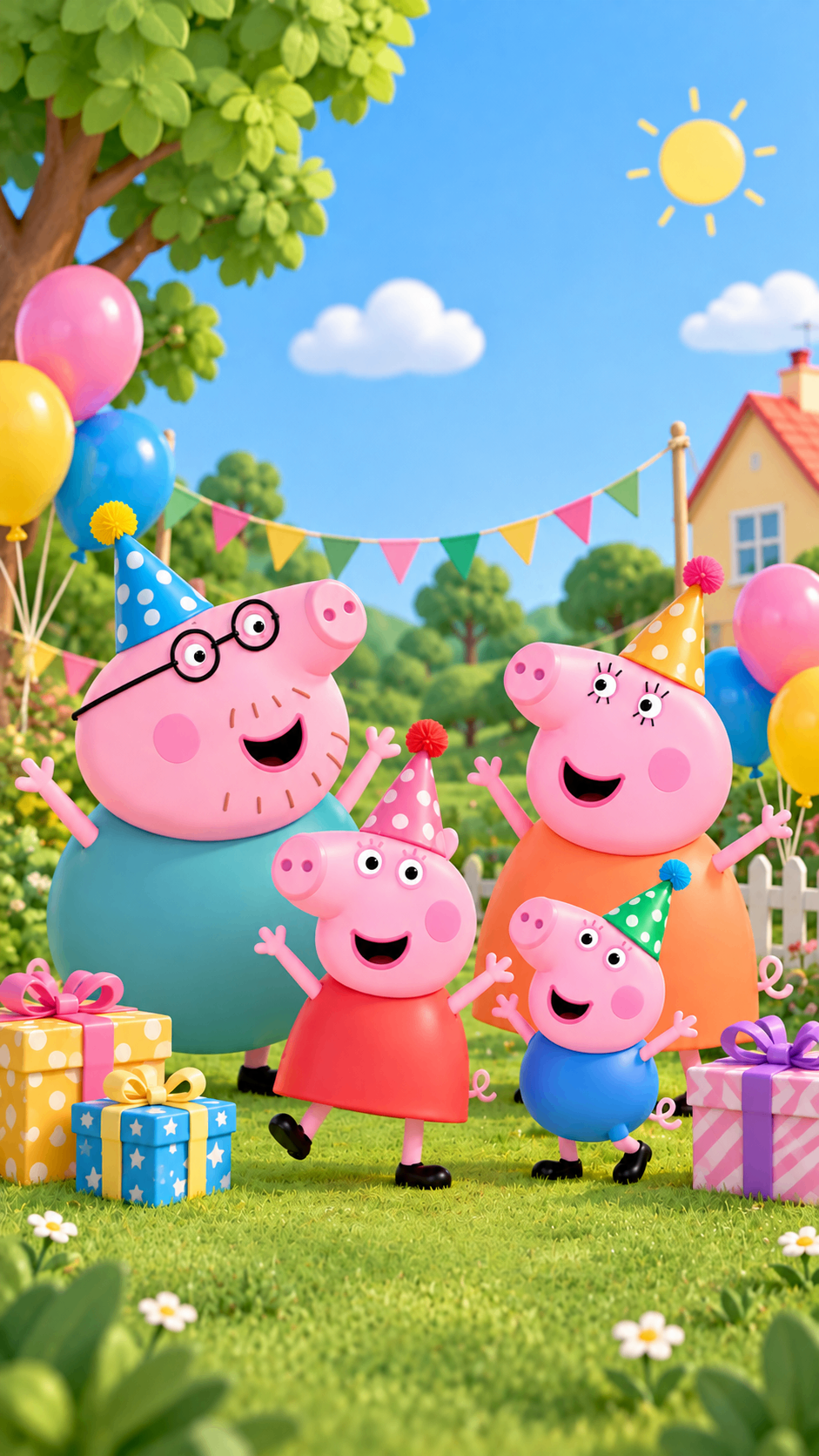 Cartoon pig family in party hats with gifts – little piggy theme birthday party