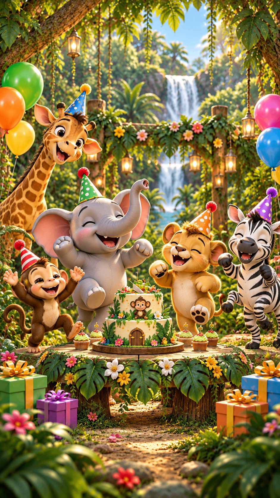 Jungle animals in party hats celebrating at a cake table – jungle theme birthday invitation