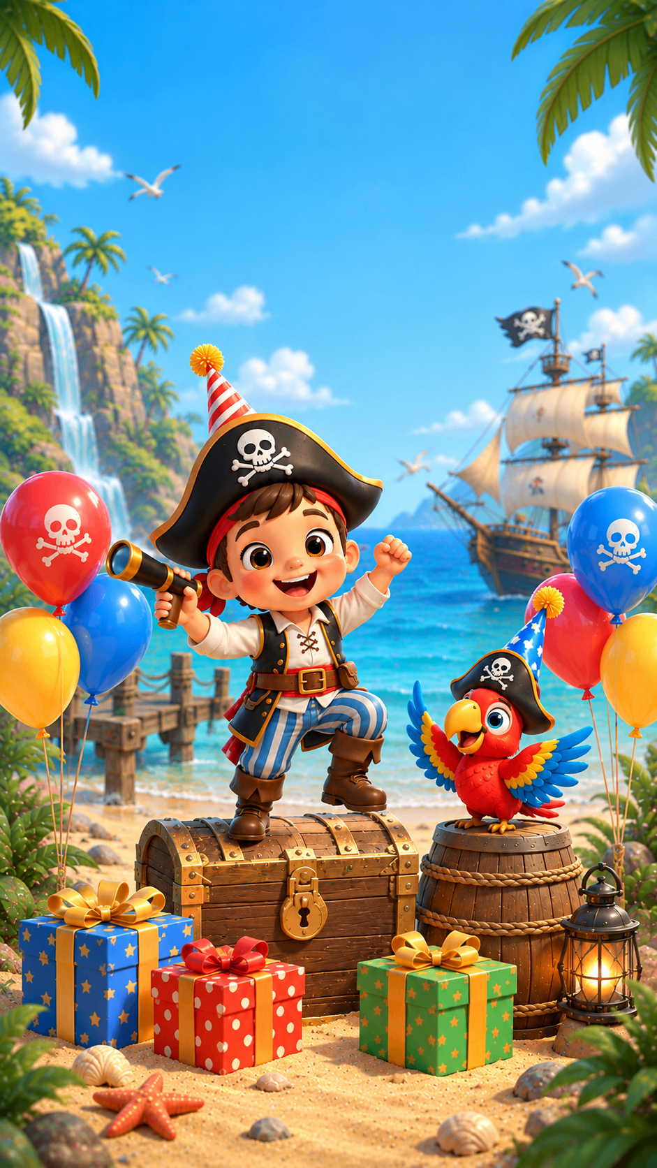 Pirate boys with a parrot and treasure chests – pirate birthday invitation