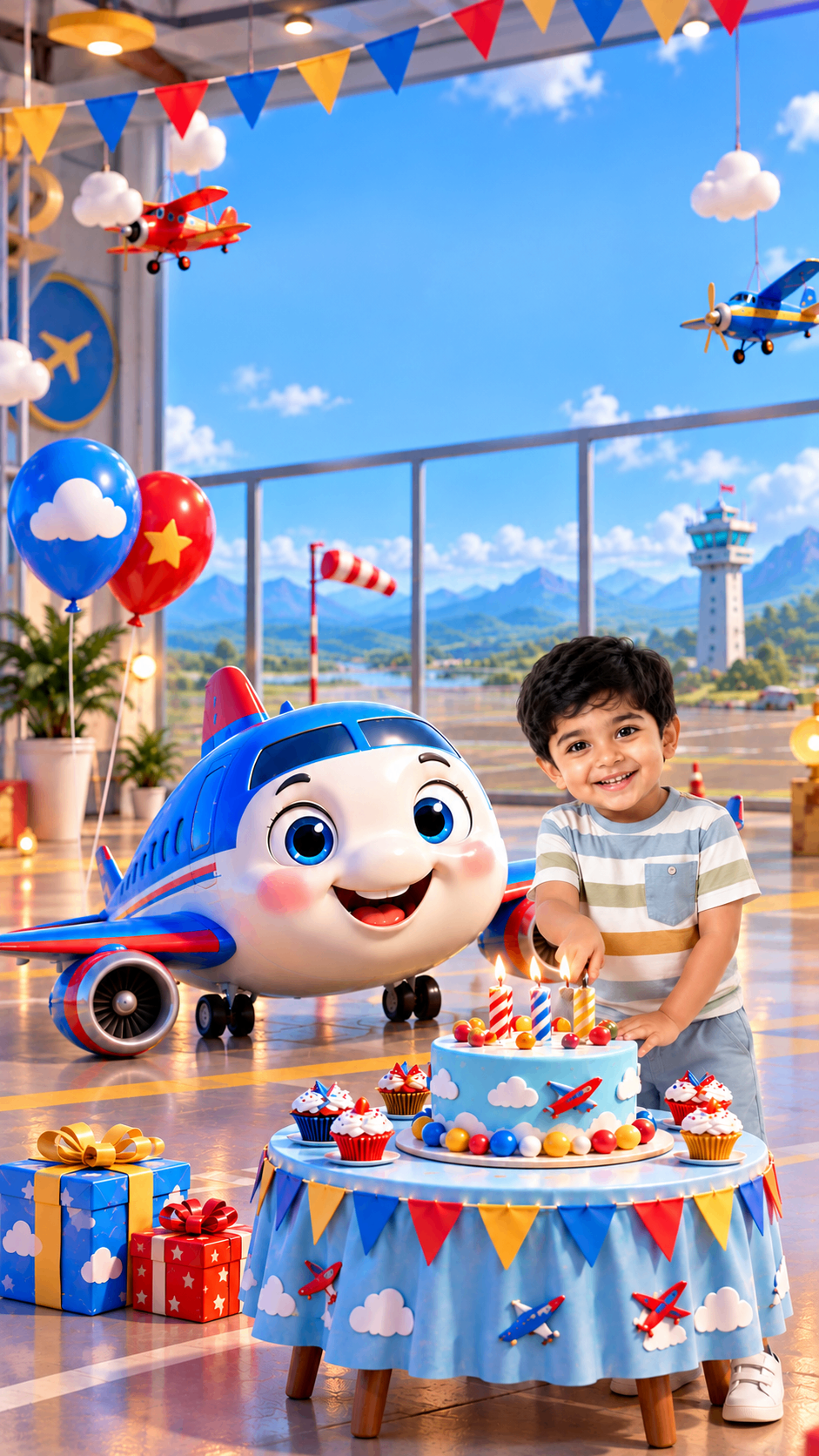 Cartoon aeroplane beside a birthday cake at the airport – kids' birthday invitation