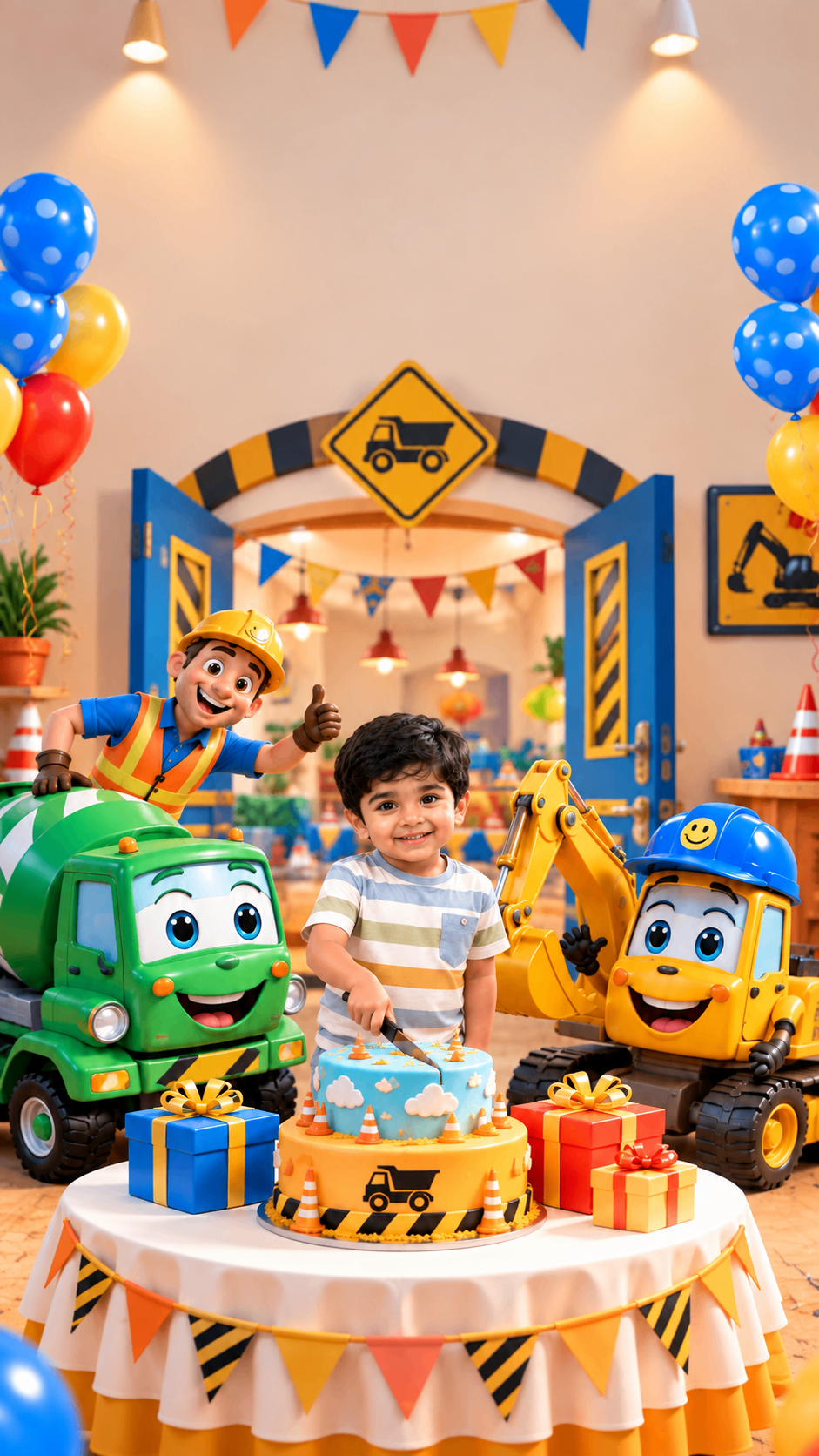 Boy behind a birthday cake with cartoon trucks – construction birthday invitation
