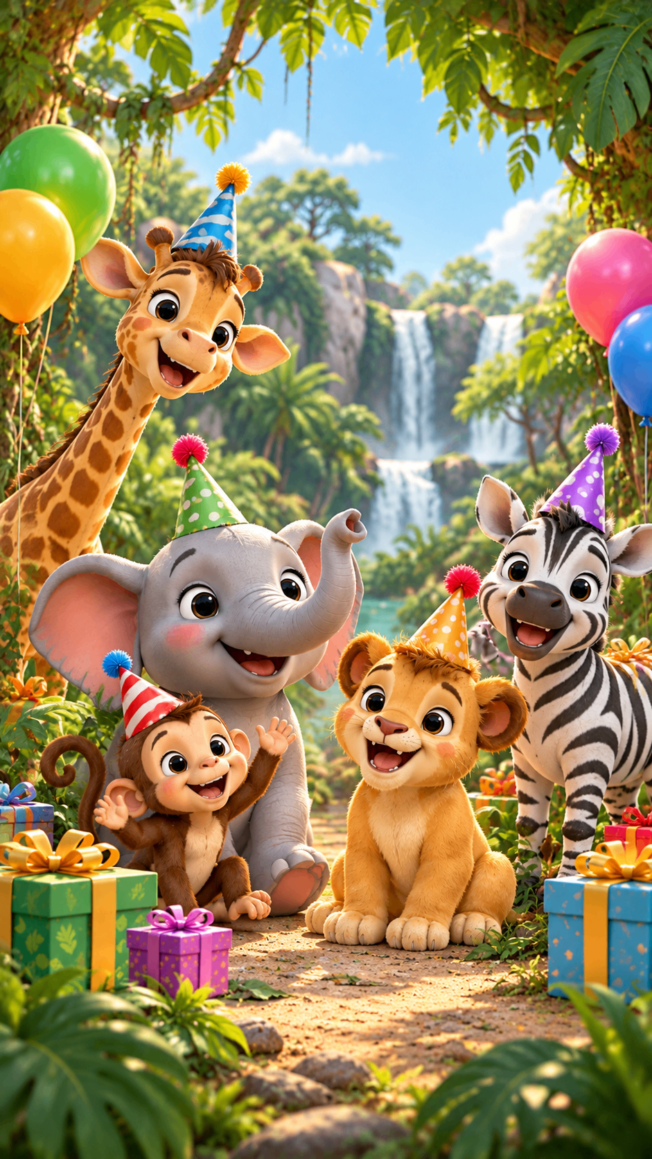 Elephant, giraffe, lion cub, zebra and monkey in party hats with gifts – safari birthday invitation
