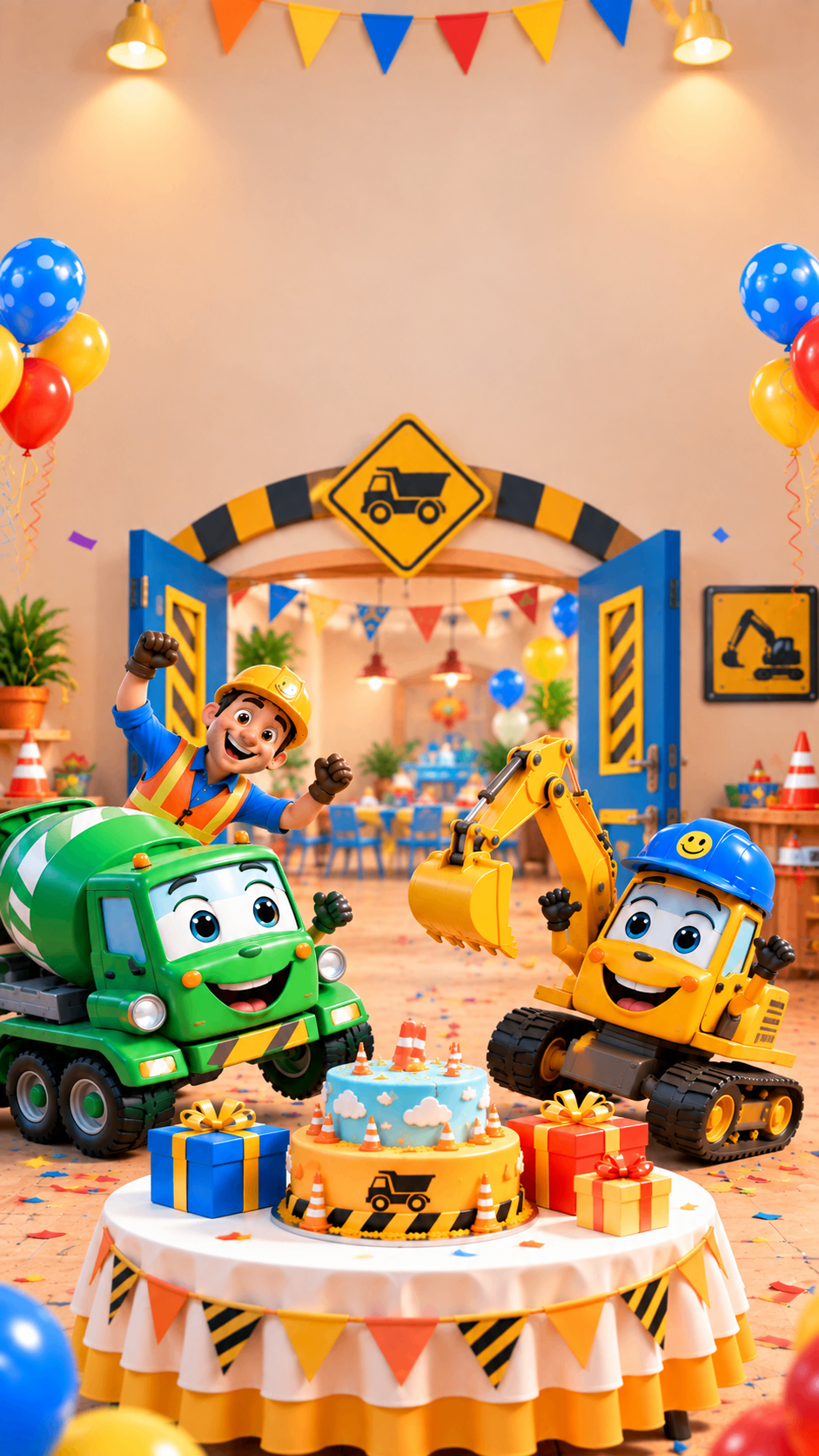 Cartoon trucks and diggers round a birthday cake under bunting – construction birthday invite