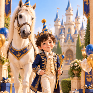 Boy prince with a white horse in front of a castle – prince theme birthday invitation video