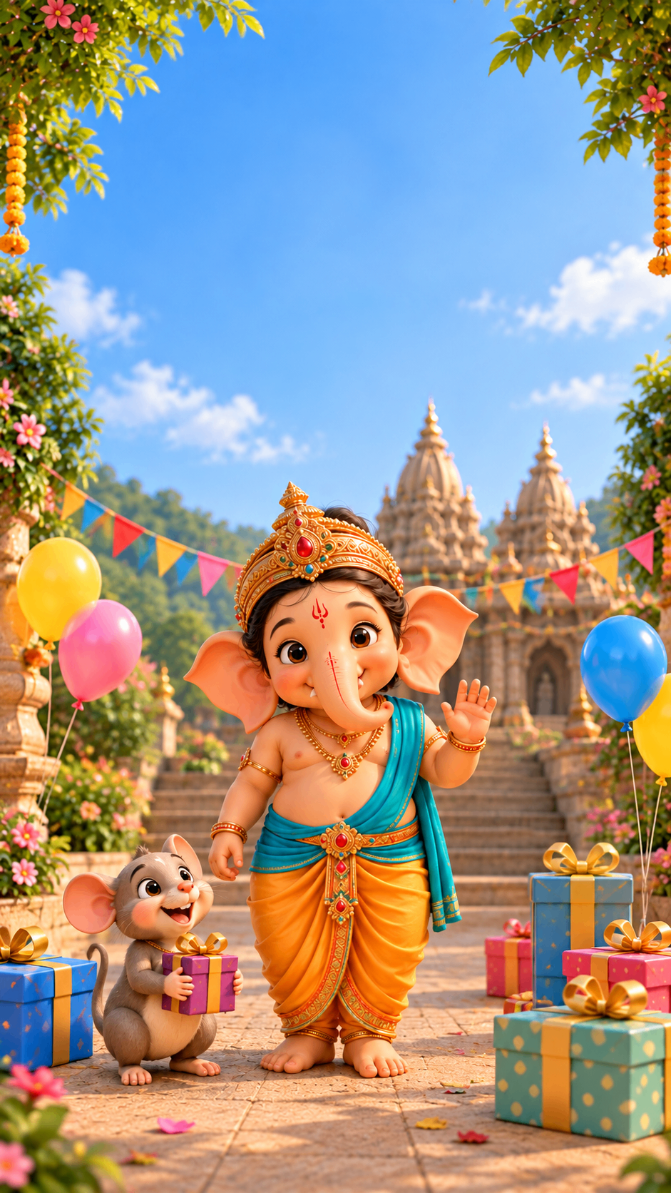Little Ganesha with his mouse, balloons and gifts by the temple steps – Ganesha birthday invitation