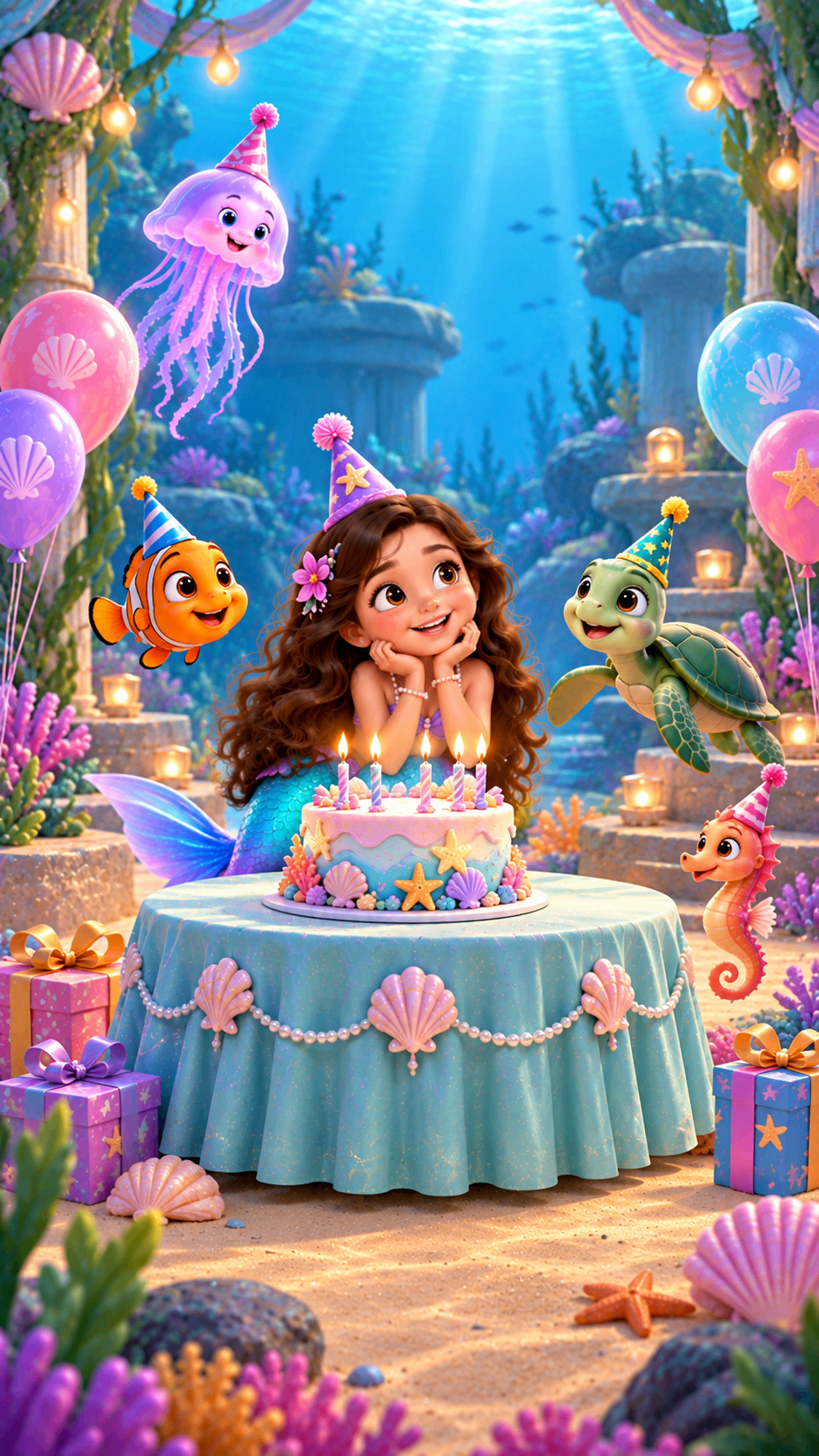 Mermaid girl behind a birthday cake under the sea – girls' birthday invitation