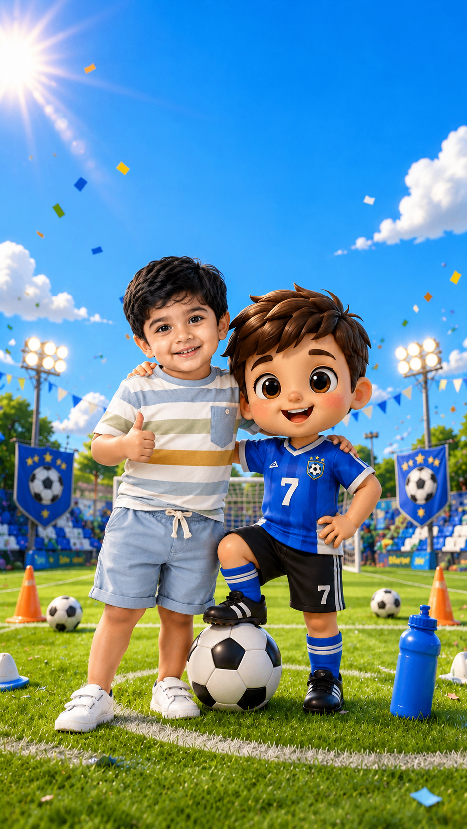 Two boys with a football on a stadium pitch – football birthday invite
