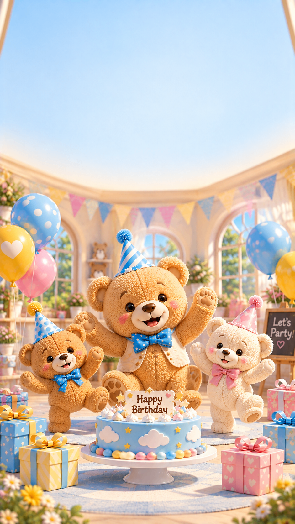 Teddy bears around a birthday cake in a pastel party hall – teddy bear theme birthday party