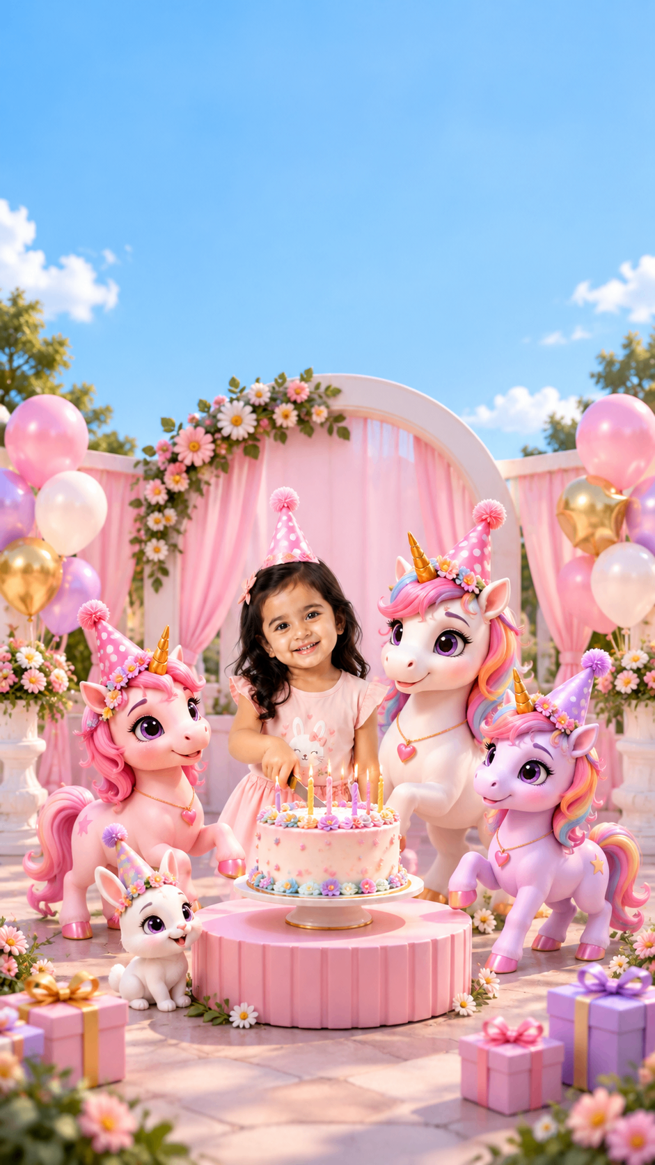Girl behind a unicorn birthday cake with baby unicorns – unicorn birthday invitation