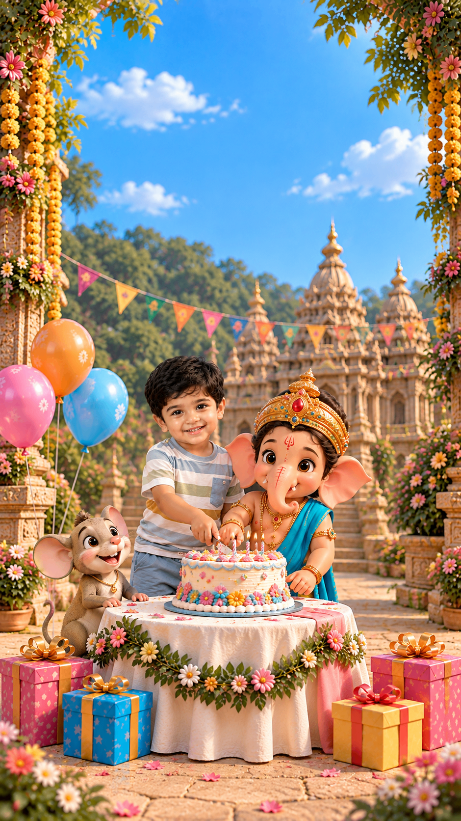 Boy and little Ganesha behind a birthday cake in a temple courtyard – Bal Ganesha birthday invitation