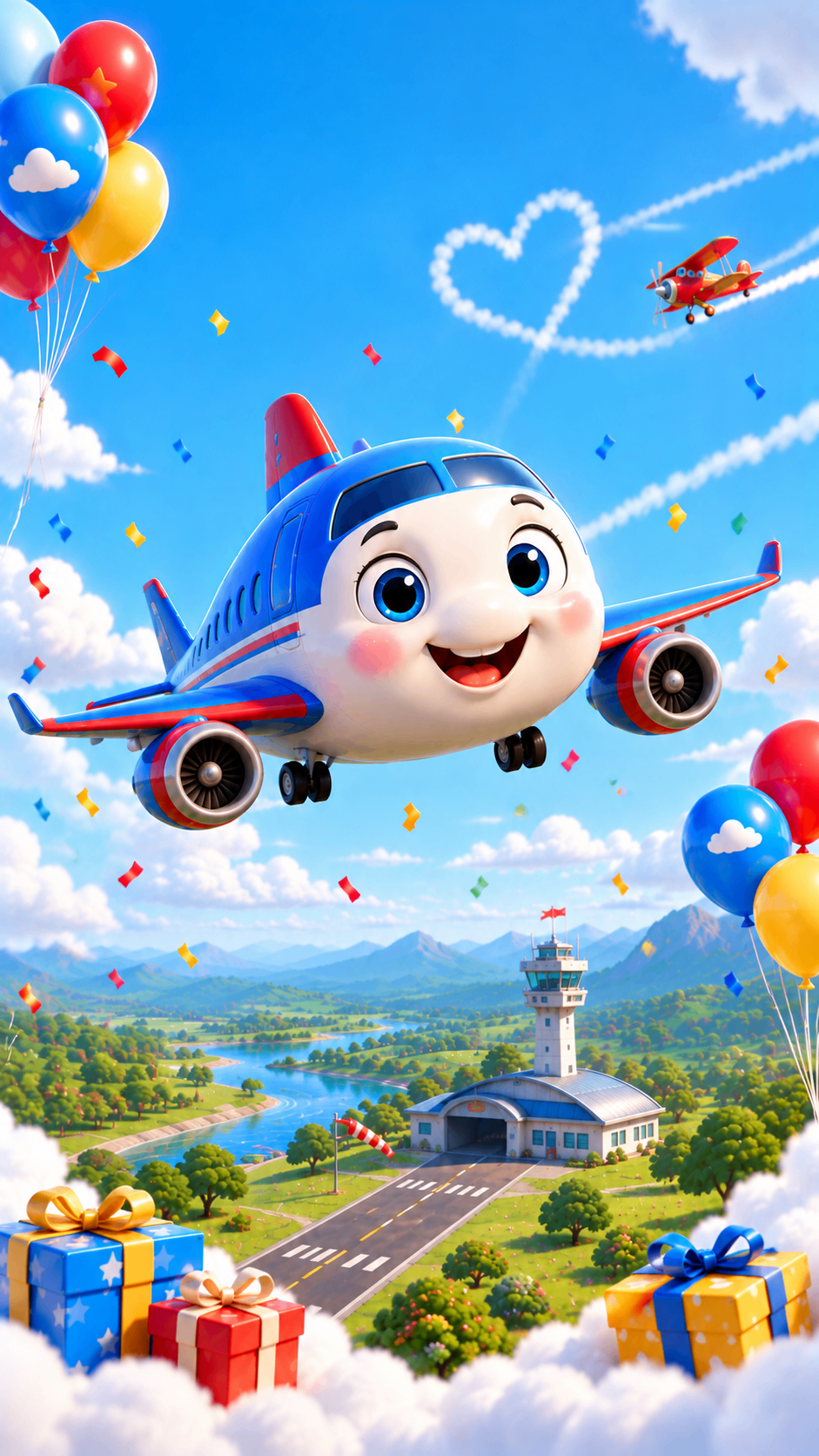 Smiling plane flying a heart trail over an airport – aeroplane theme birthday invitation