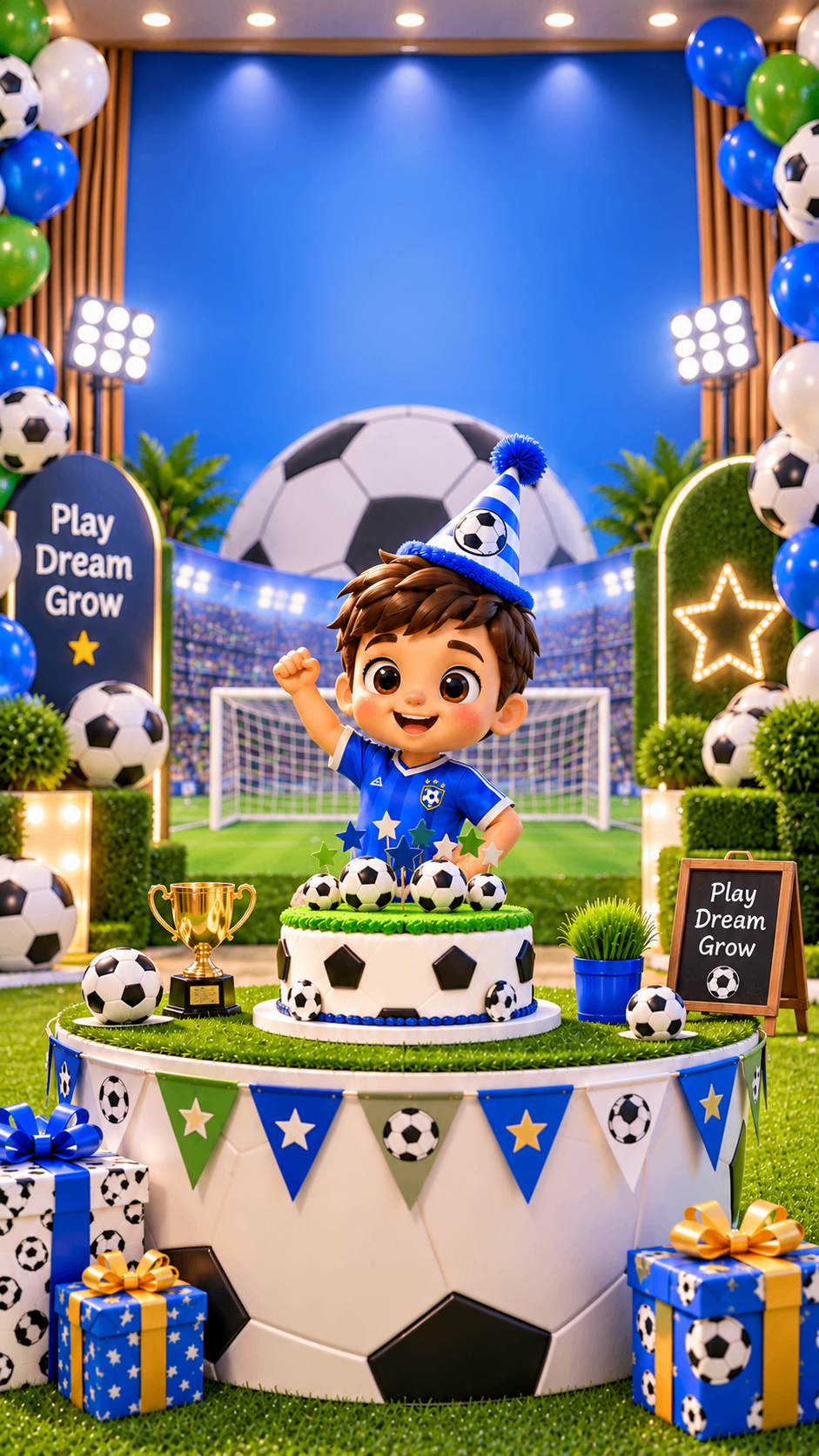 Boy behind a football birthday cake with balloons – football theme birthday party