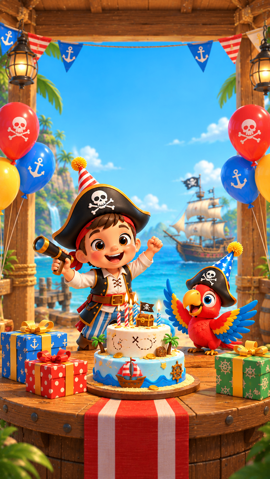 Pirate boy at a birthday cake table with a parrot – pirate theme birthday party