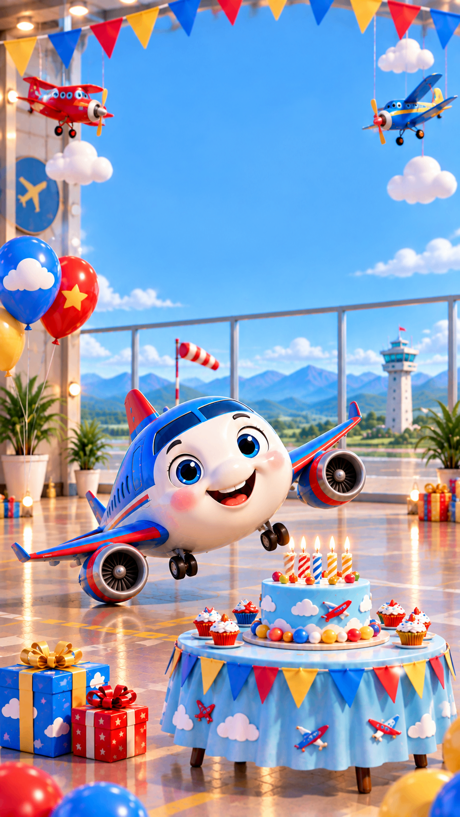 Smiling cartoon plane by a birthday cake table at an airport window – aeroplane birthday invite