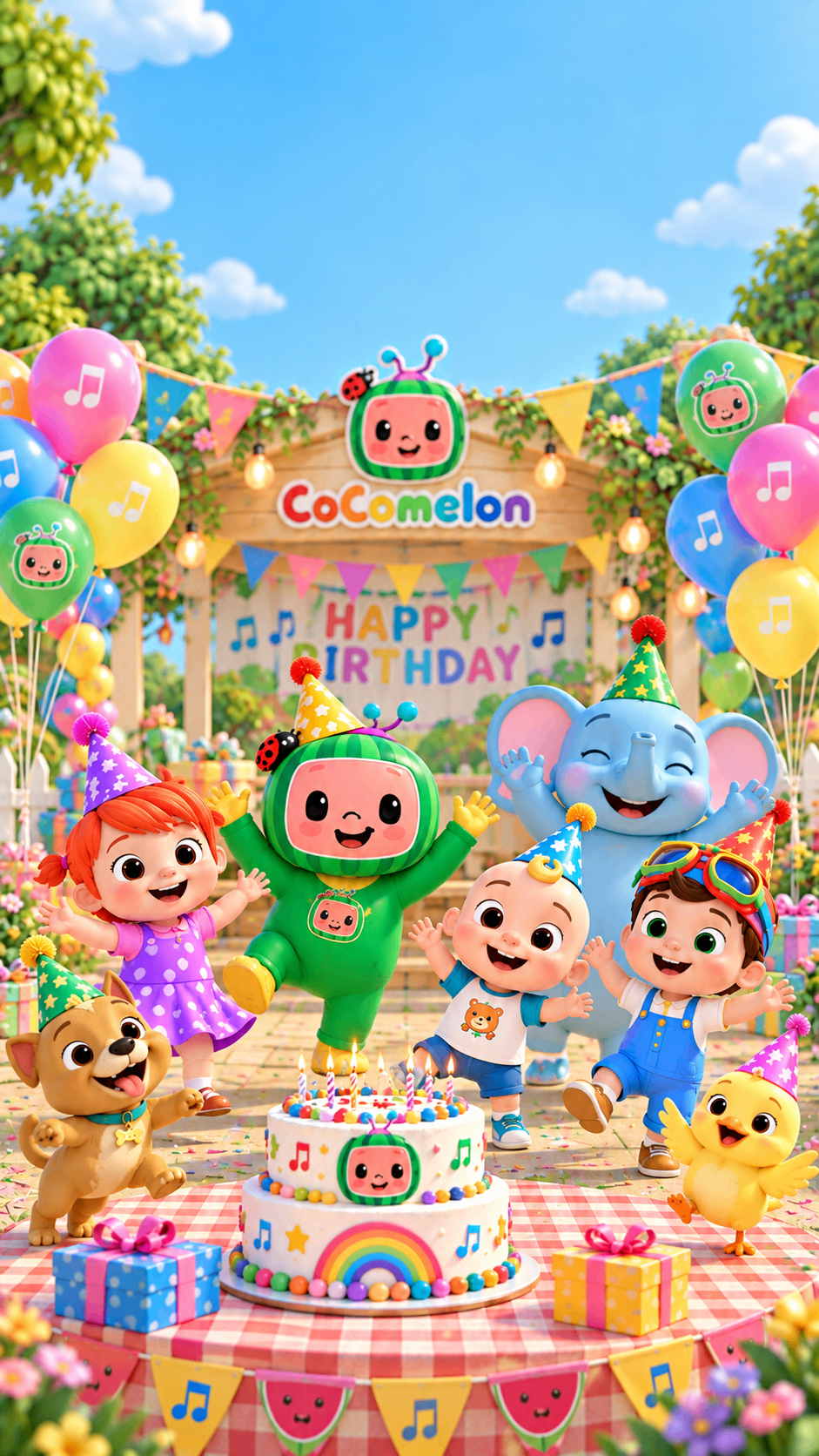 Baby cartoon characters around a rainbow birthday cake – nursery rhyme birthday invite