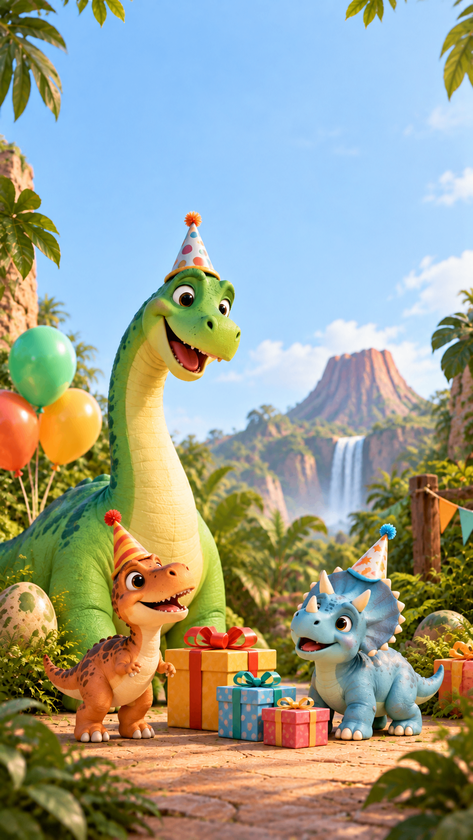 Long-neck dinosaur and baby dinosaurs with balloons and gifts – dino party invitation