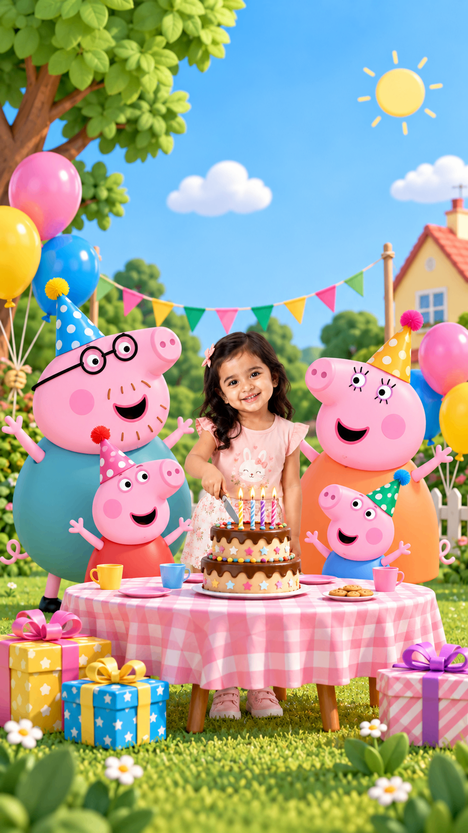 Girl behind a birthday cake with a cartoon pig family – little piggy birthday invitation