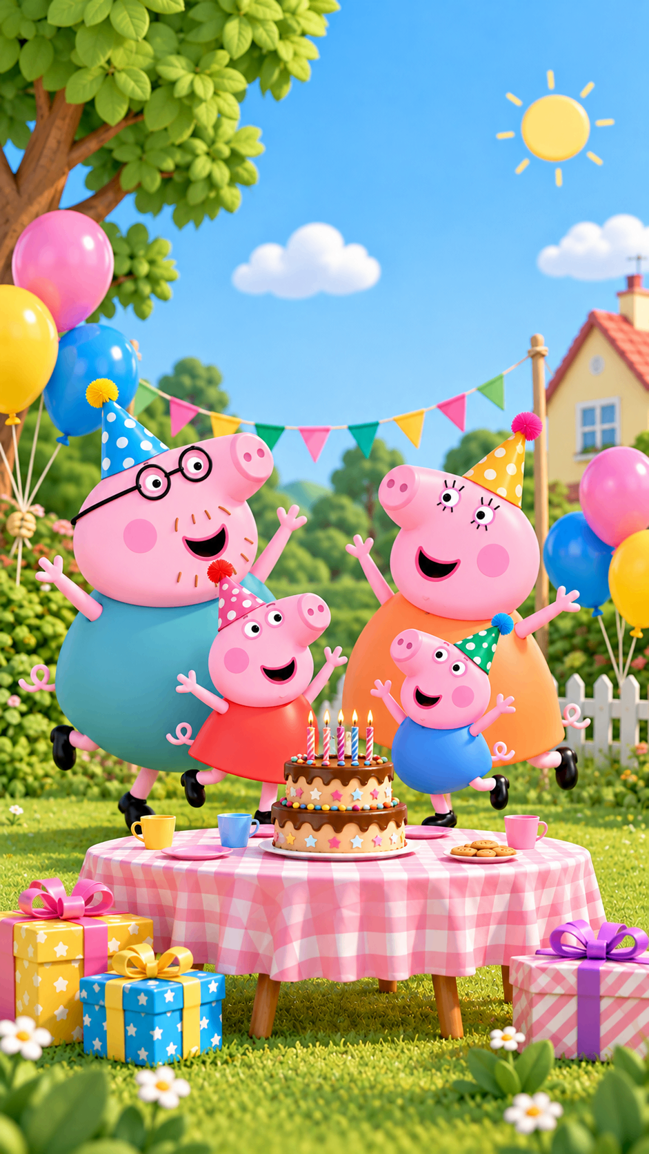 Cartoon pig family dancing around a cake table with bunting and balloons – piggy birthday invite