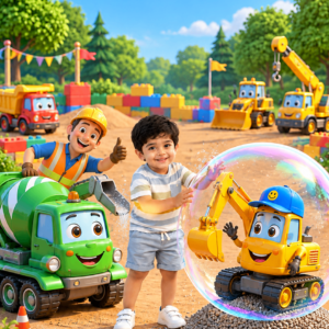 Boy in a hard hat with cartoon construction trucks on site – construction theme birthday invitation video