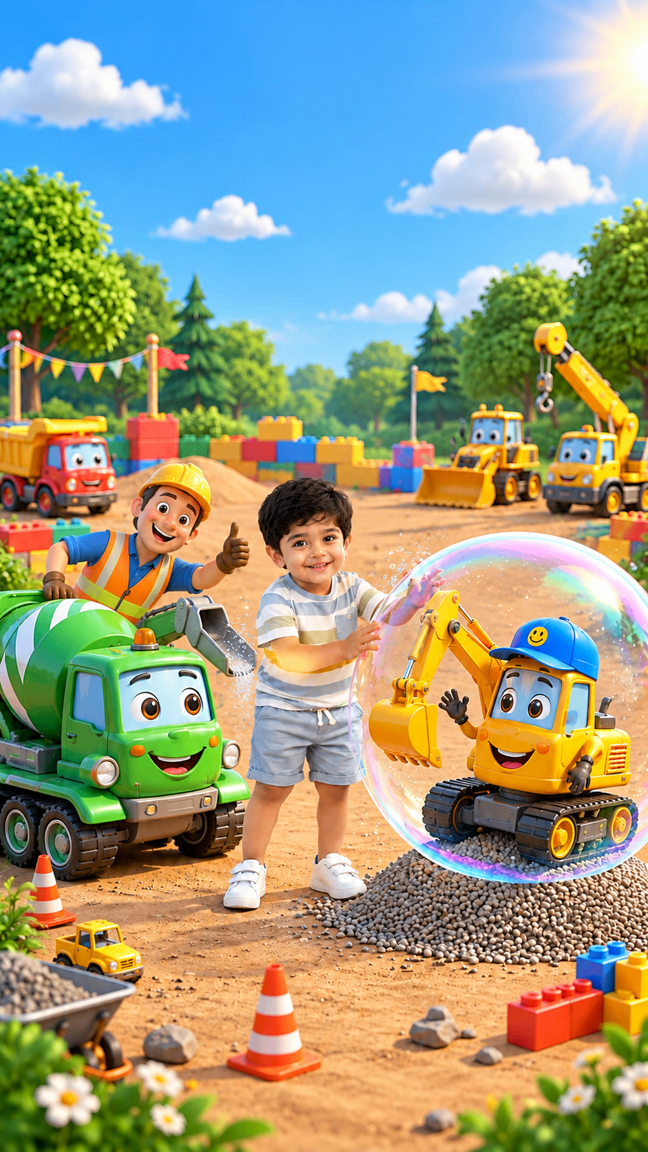 Boy in a hard hat with cartoon construction trucks on site – construction theme birthday invitation video
