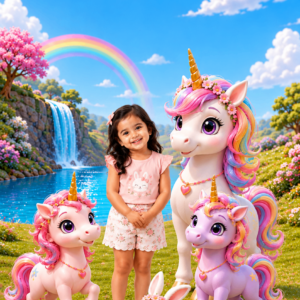 Girl with baby unicorns and a bunny in a meadow by a rainbow waterfall – unicorn theme birthday invitation video