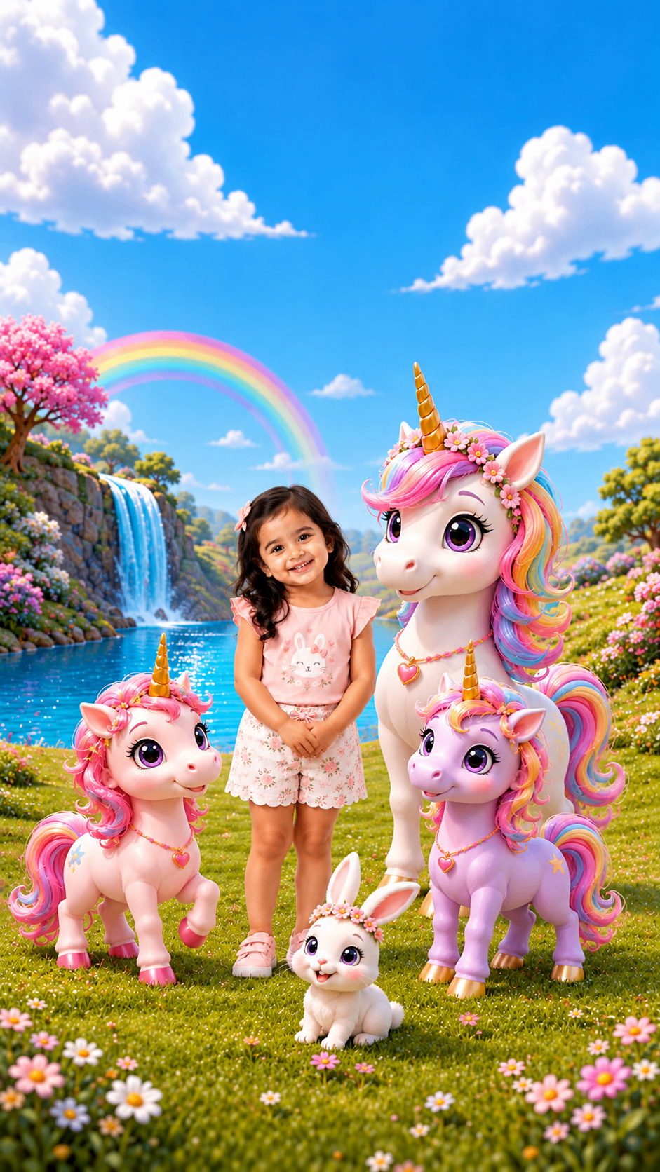 Girl with baby unicorns and a bunny in a meadow by a rainbow waterfall – unicorn theme birthday invitation video