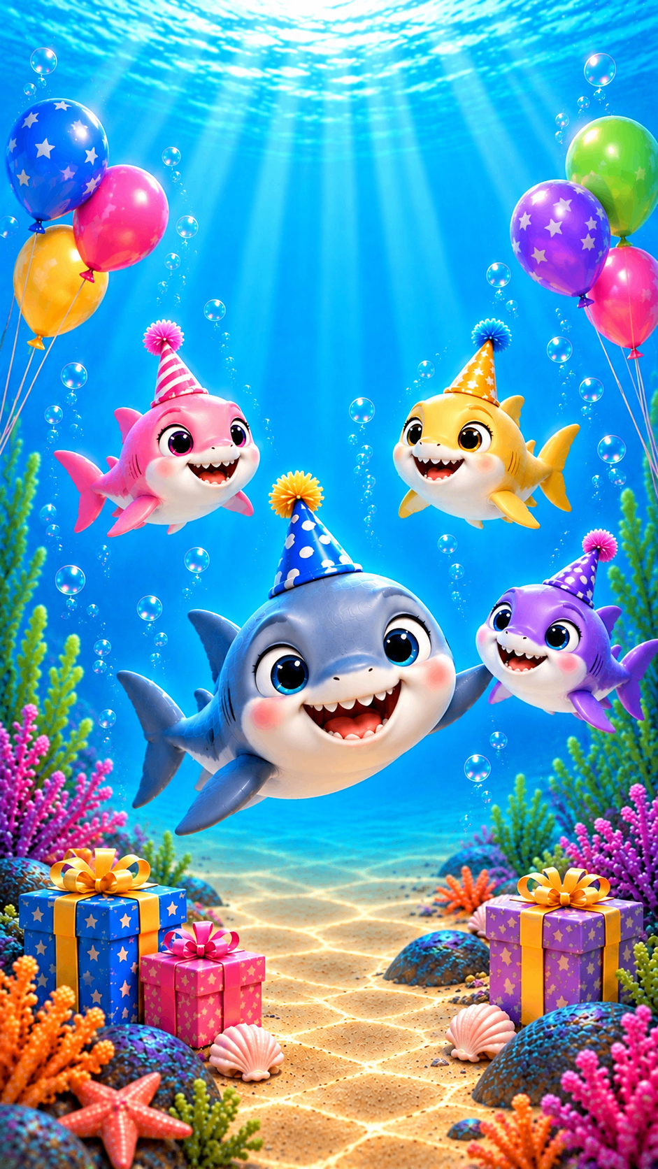 Cartoon shark family dancing with balloons – under the sea birthday invitation