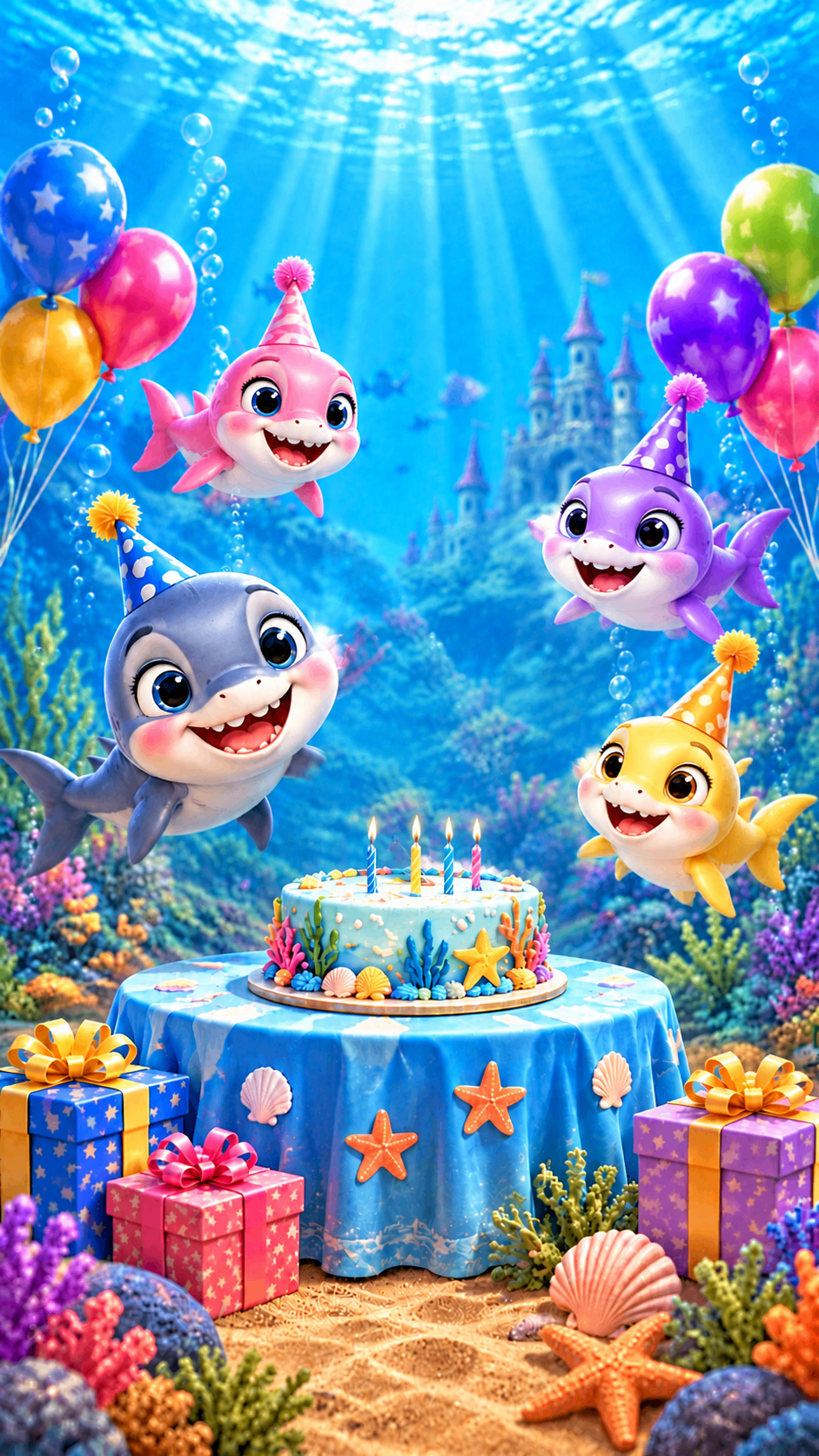 Cartoon sharks round a birthday cake on the seabed – under the sea birthday invite