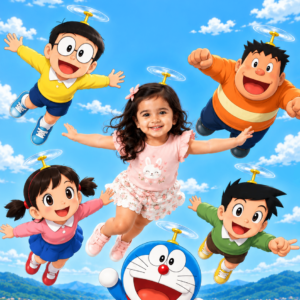 Girl flying over a town with a blue robot cat and friends – robot cat theme birthday invitation video