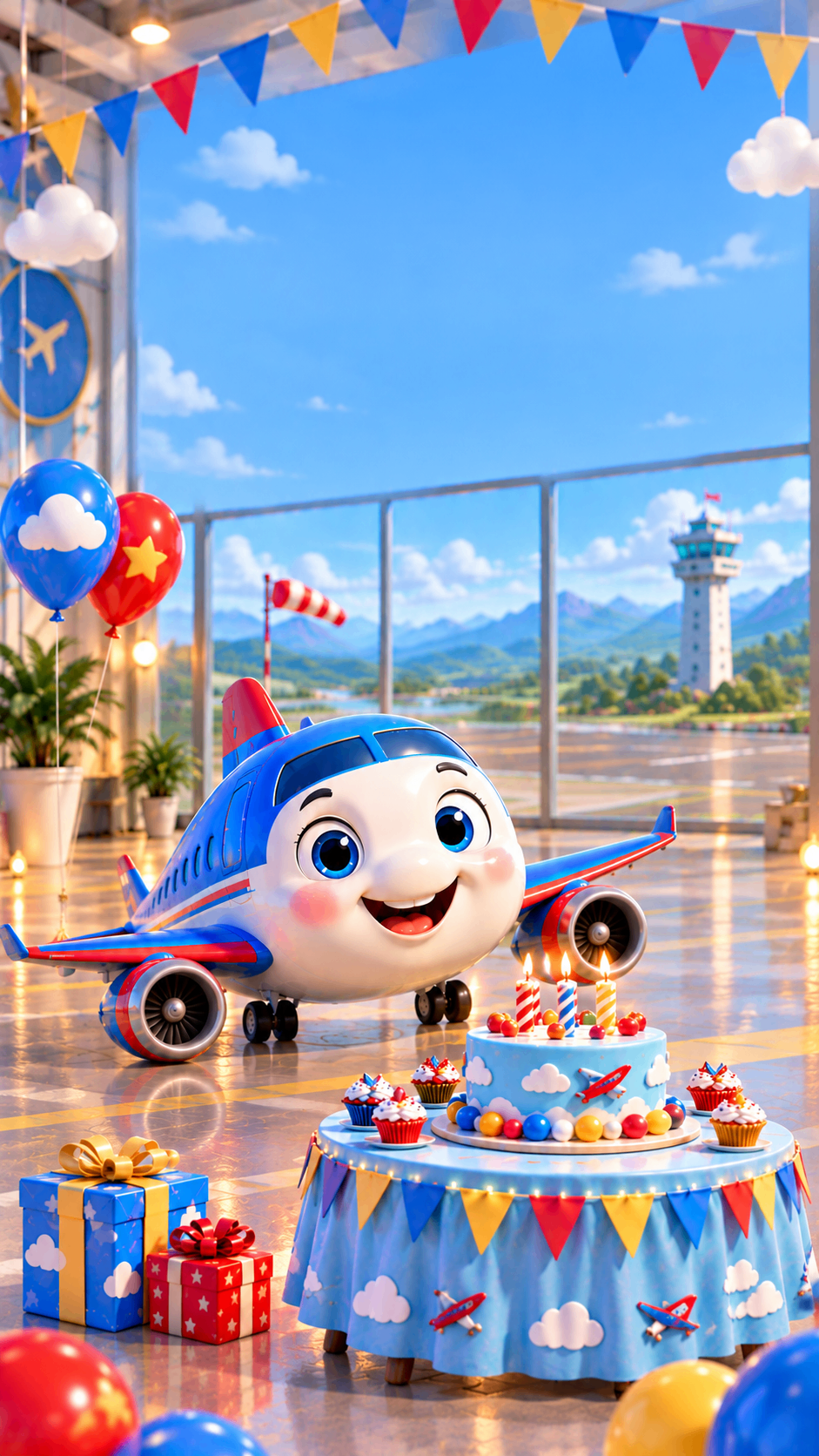 Airport party table with a birthday cake and a smiling plane