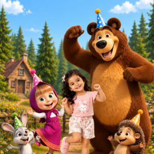 Girl dancing with a big brown bear and forest friends – girl and bear theme birthday invitation video