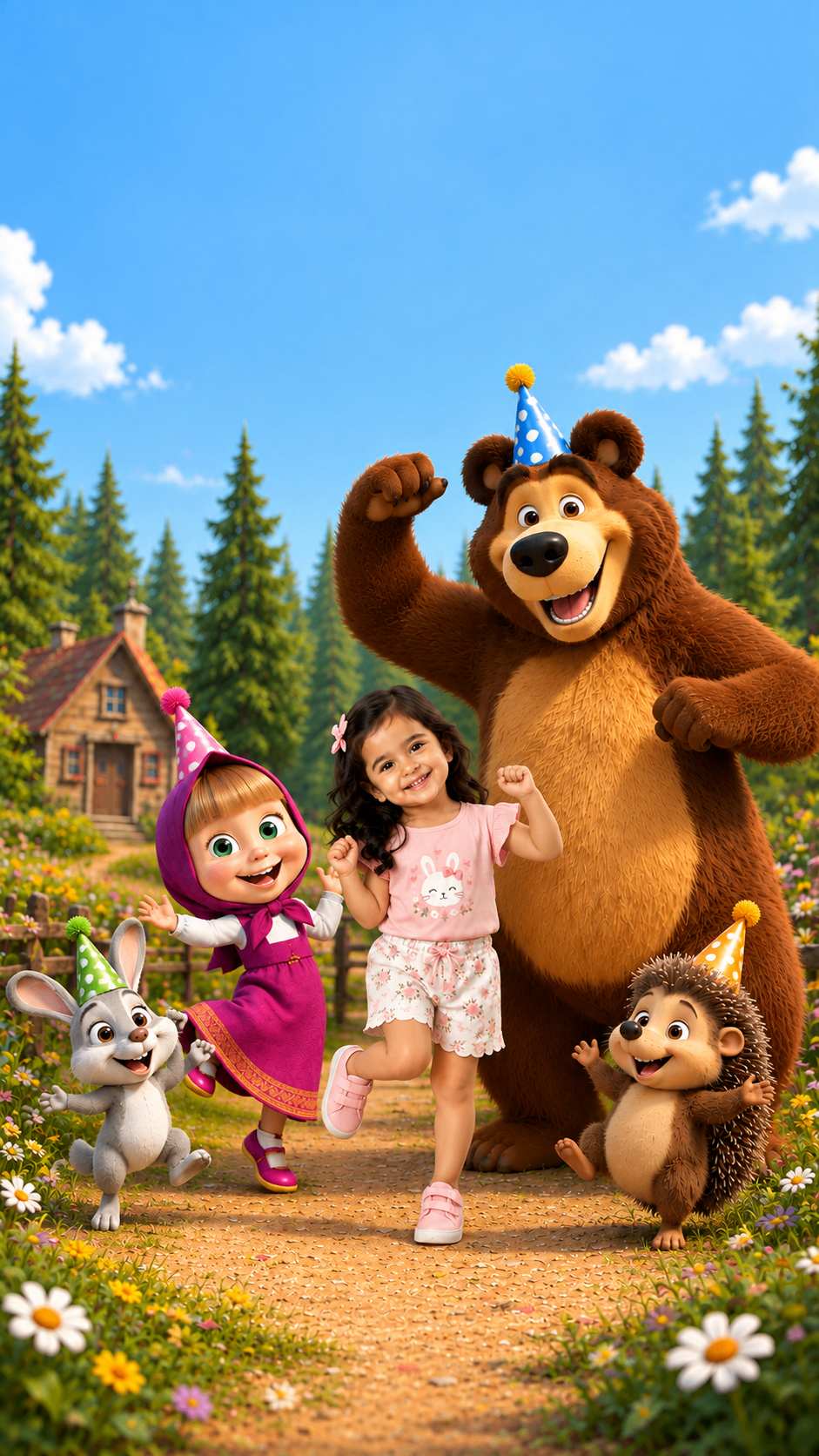 Girl dancing with a big brown bear and forest friends – girl and bear theme birthday invitation video