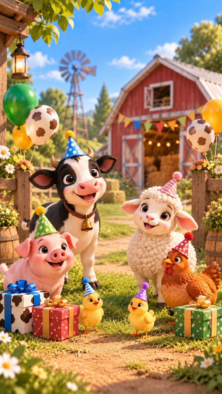 Cow, sheep, pig and chicks in party hats with gifts at a barnyard birthday party