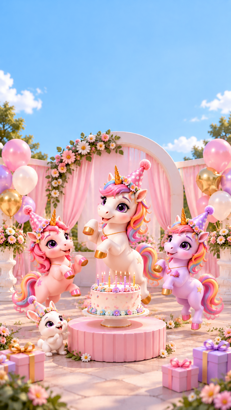 Baby unicorns celebrating at a pastel cake table – unicorn theme birthday invite