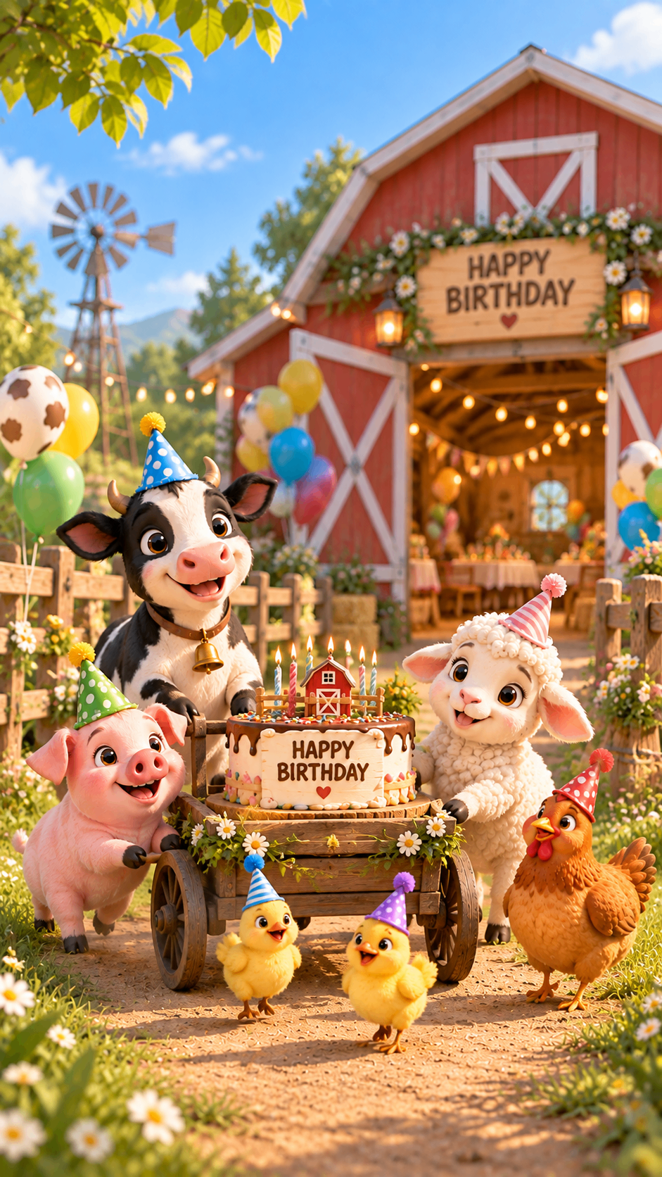 Farm animals in party hats around a Happy Birthday cart by a red barn – farm birthday invite