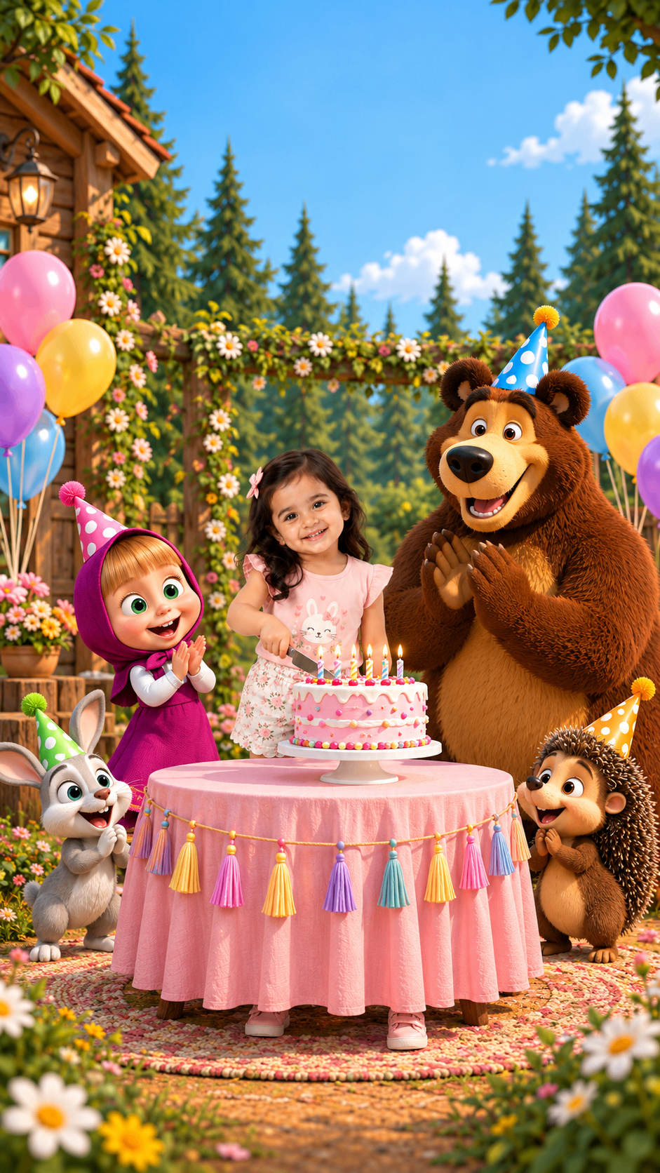 Girl behind a pink birthday cake with a brown bear in the forest – bear theme birthday invitation