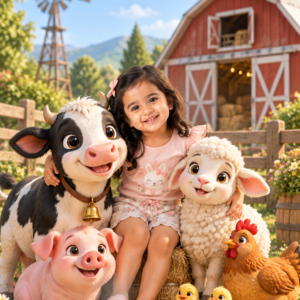 Girl sitting with a cow, sheep, pig and chicks in front of a red barn – farm theme birthday invitation video