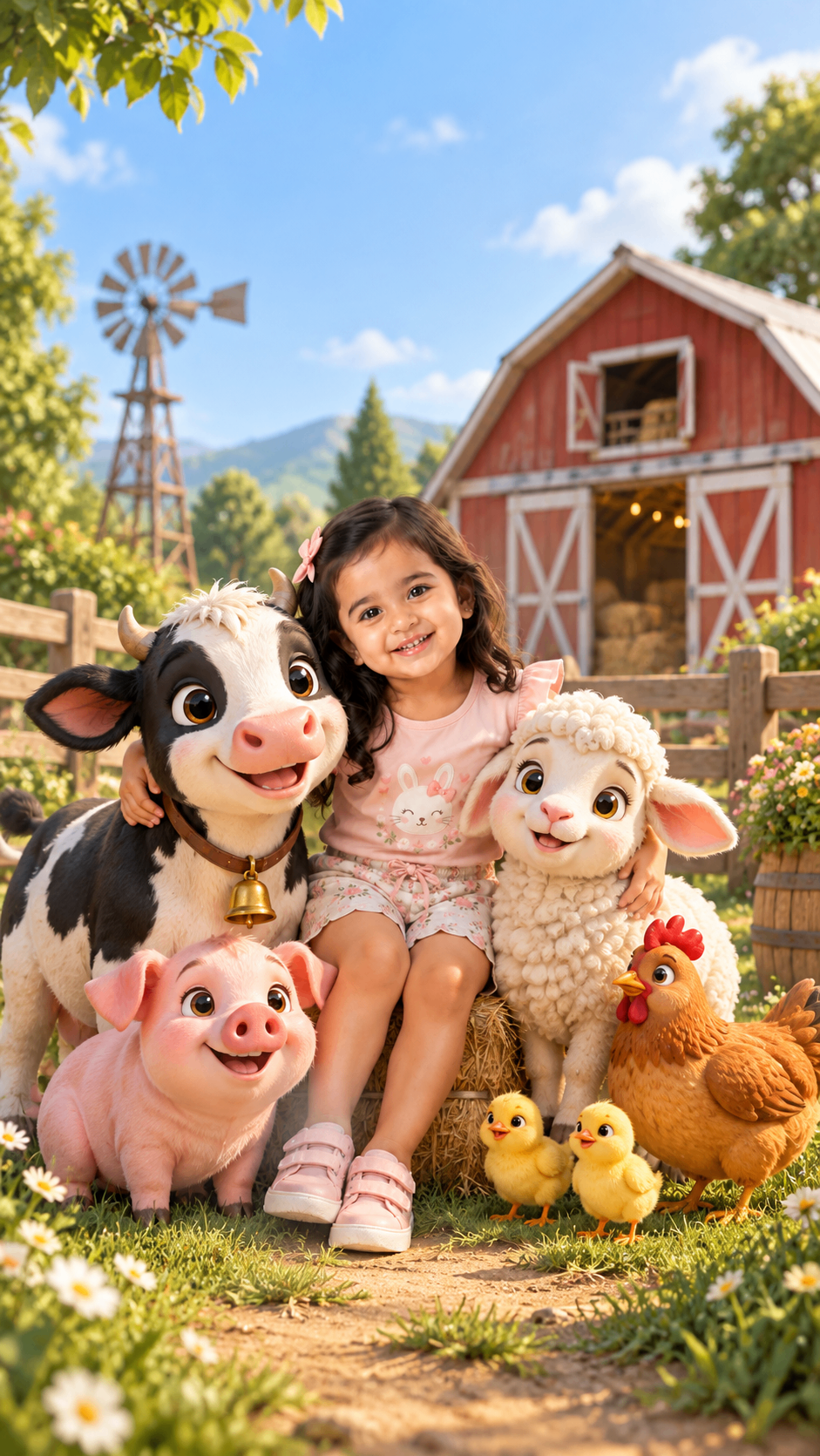Girl sitting with a cow, sheep, pig and chicks in front of a red barn – farm theme birthday invitation video